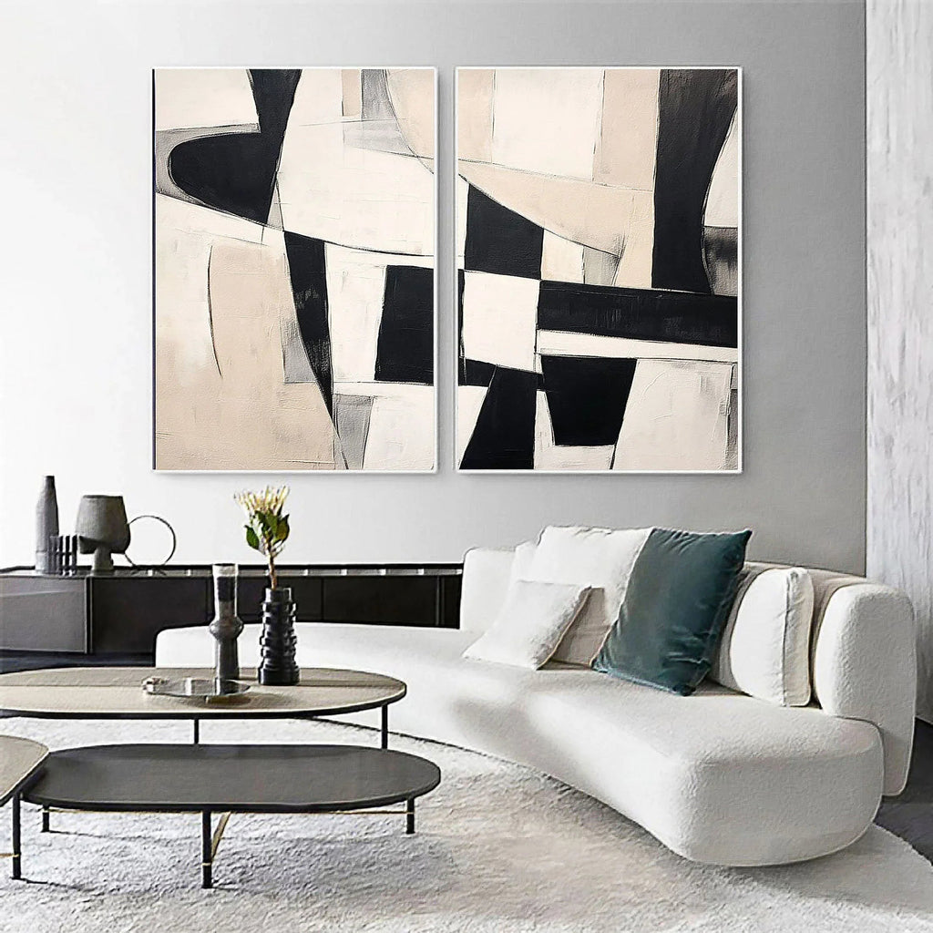 Monochrome Harmony Diptych SET OF 2-Minimalist Geometric Block Abstract Wall Art
