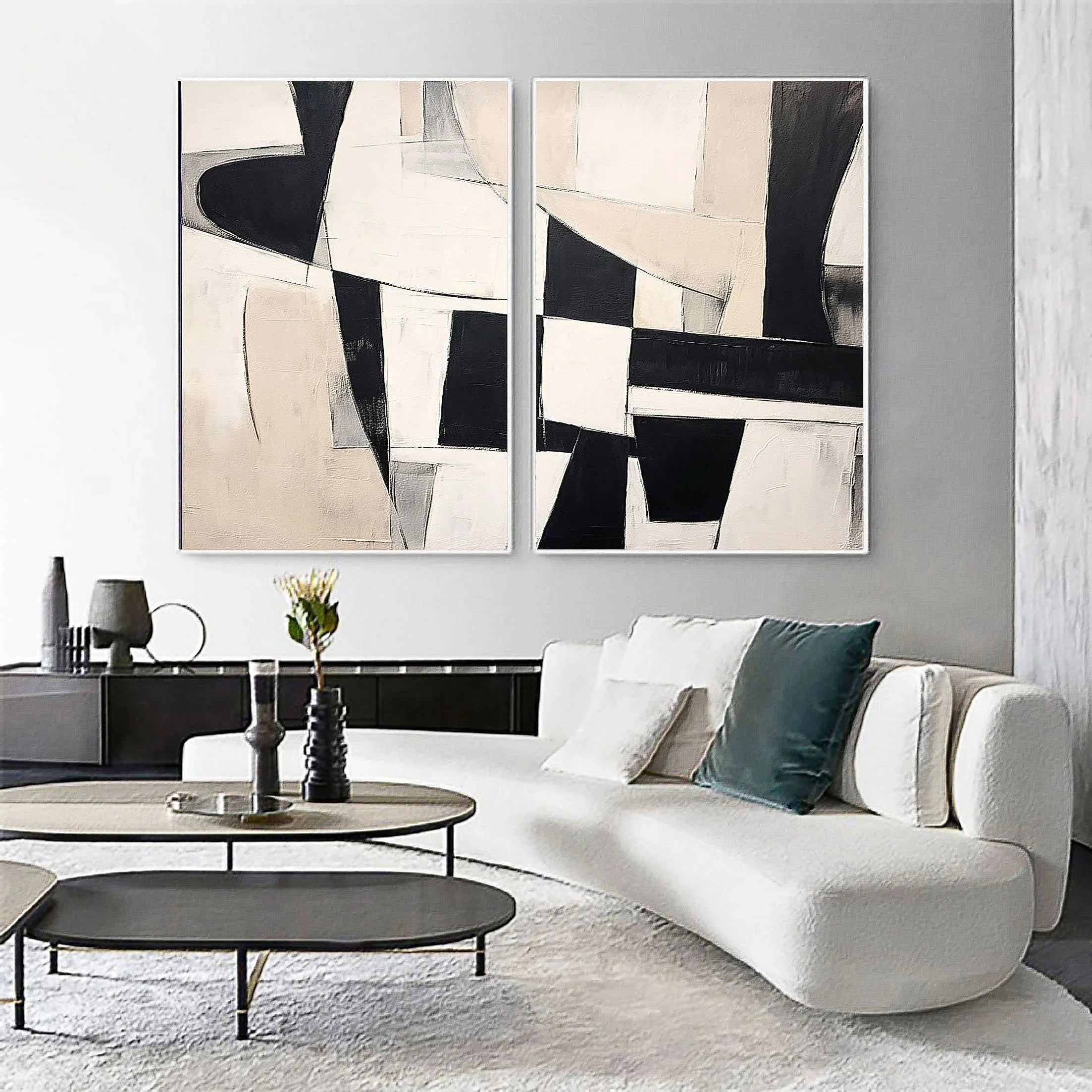 Monochrome Harmony Diptych SET OF 2-Minimalist Geometric Block Abstract Wall Art