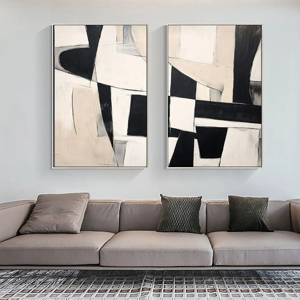 Monochrome Harmony Diptych SET OF 2-Minimalist Geometric Block Abstract Wall Art