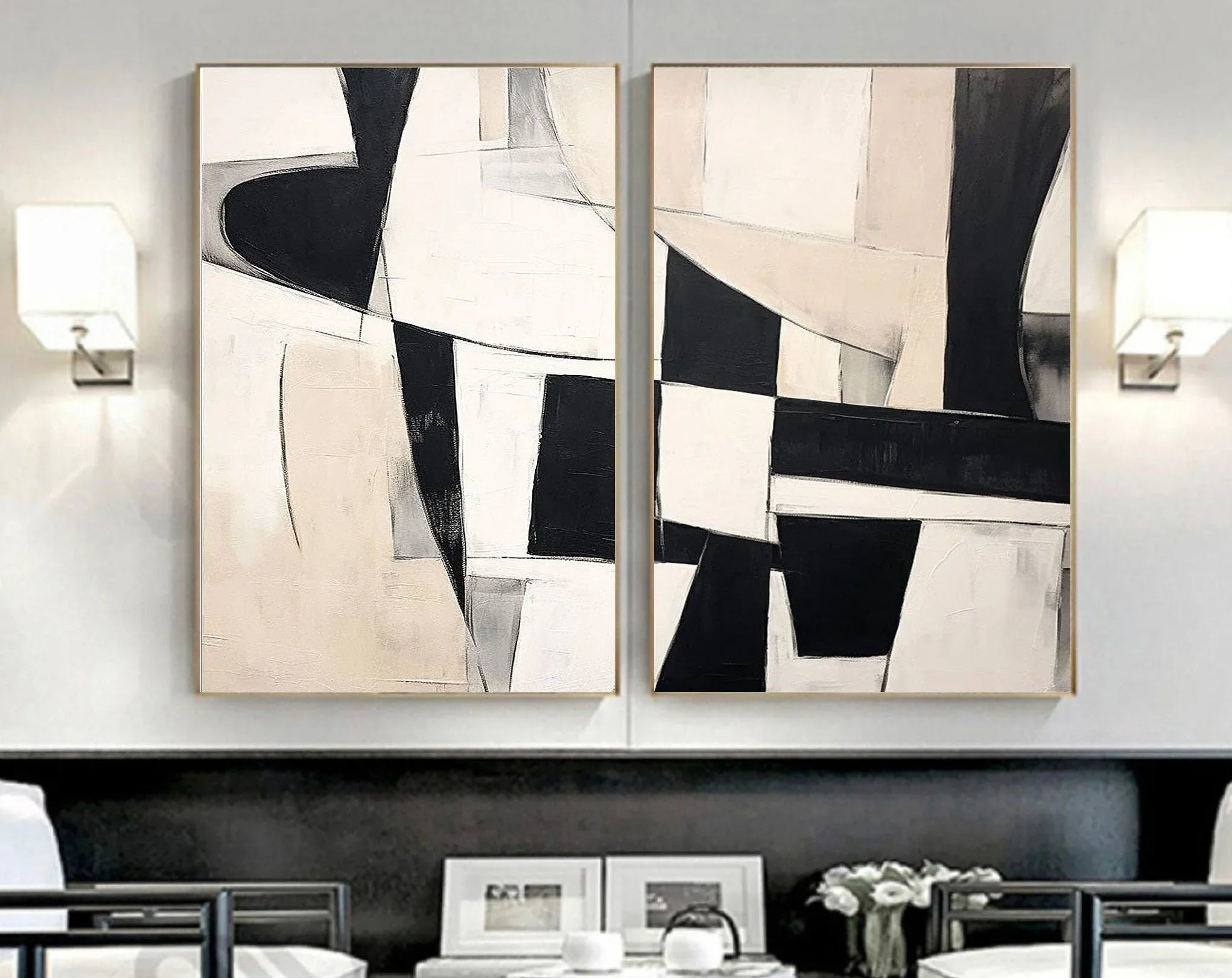 Monochrome Harmony Diptych SET OF 2-Minimalist Geometric Block Abstract Wall Art