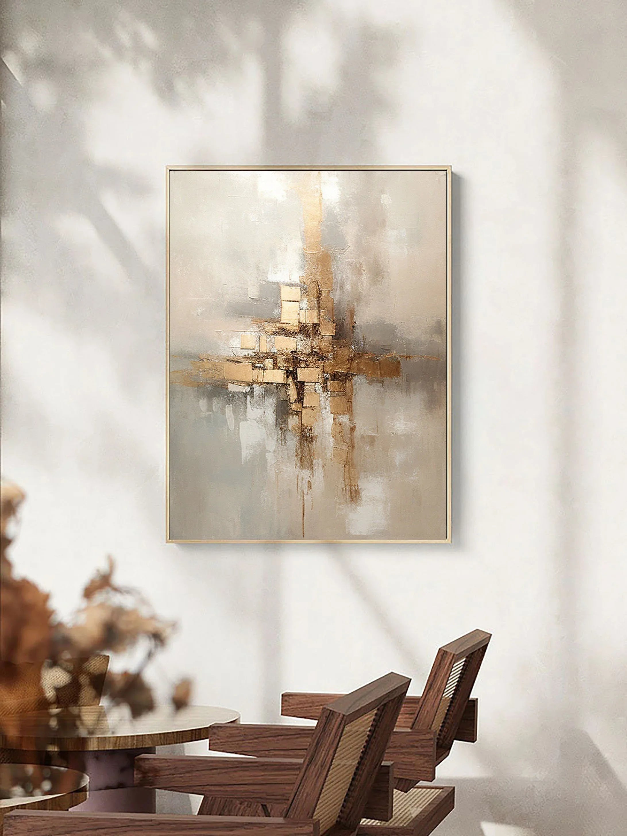 Golden Balance-Hand Drawn Golden Brown Geometric Reflection Abstract Wall Art