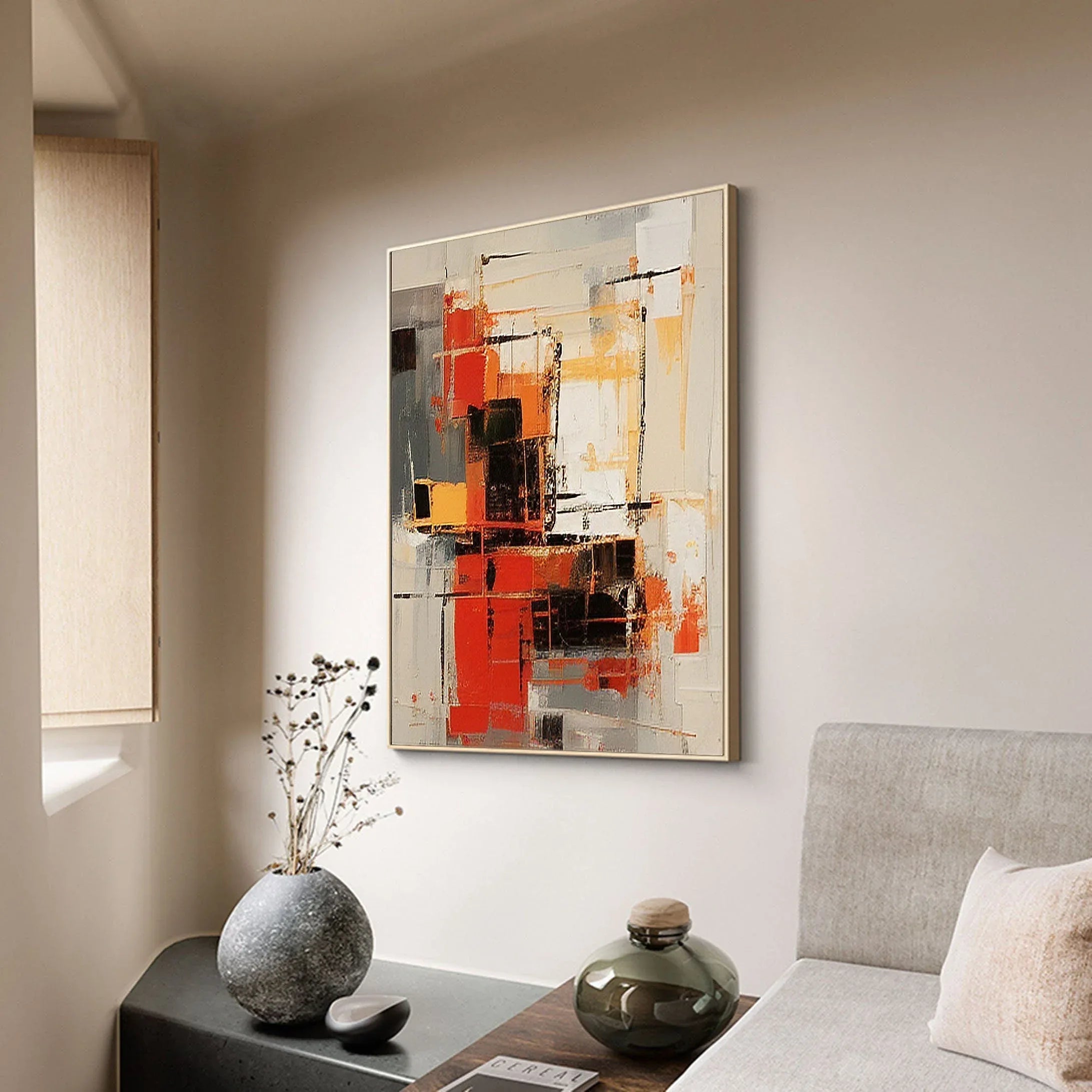 Abstract Blaze Grid-Hand Drawn Red Orange Geometric Abstract Texture Wall Art