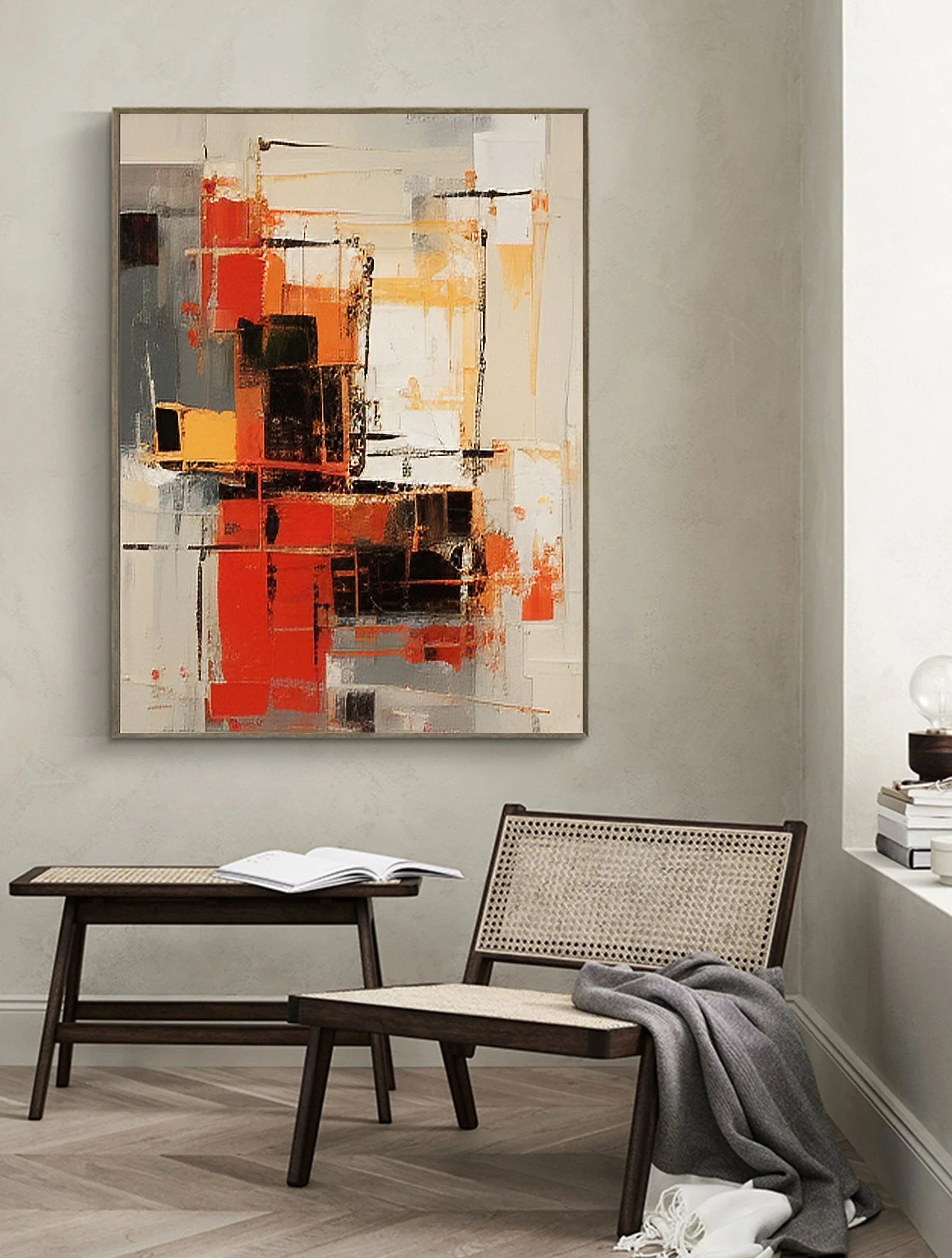 Abstract Blaze Grid-Hand Drawn Red Orange Geometric Abstract Texture Wall Art