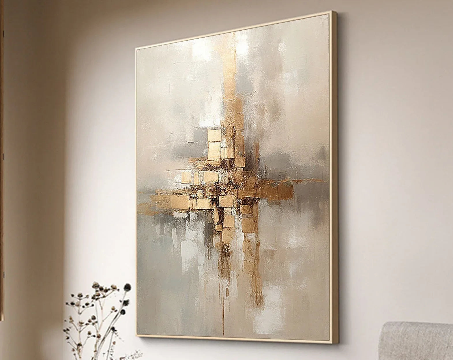 Golden Balance-Hand Drawn Golden Brown Geometric Reflection Abstract Wall Art