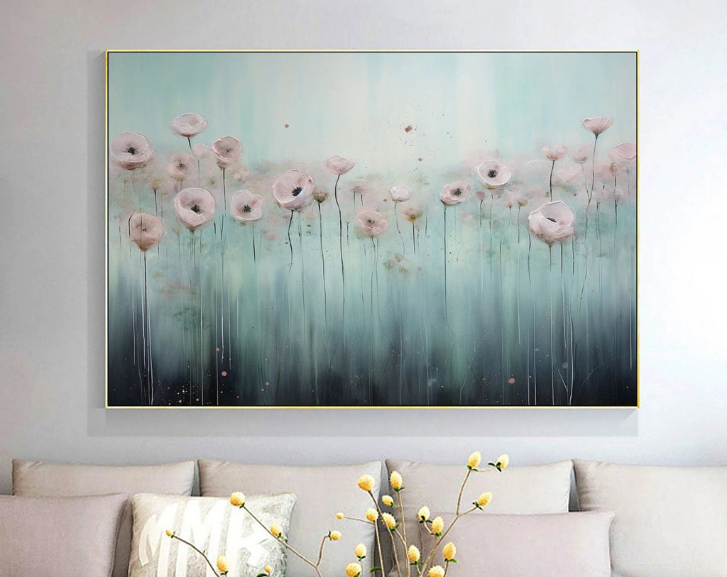 Blooming Serenity-Hand drawn Pink Blue Flower Sea Texture Oil Painting Wall Art#FL10060