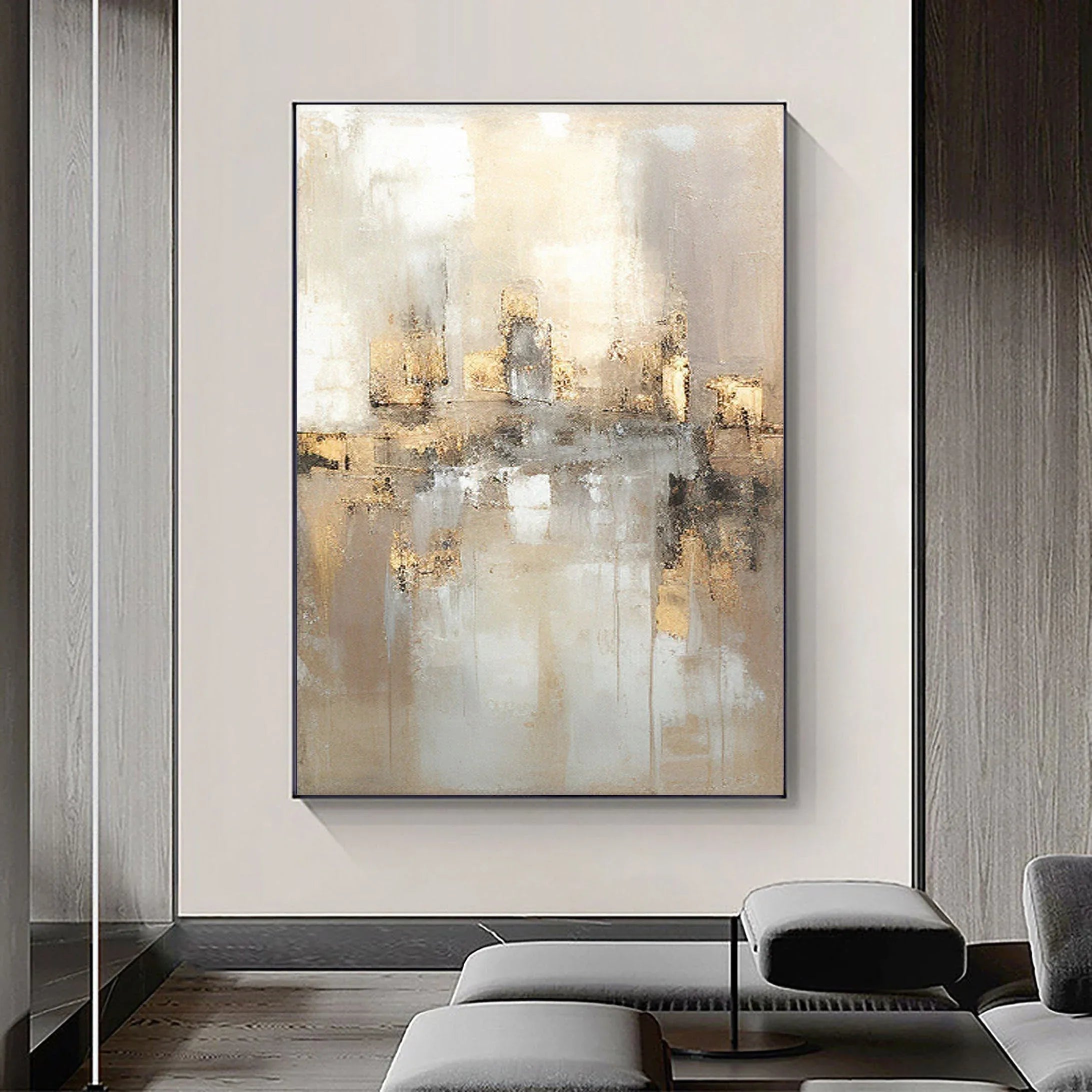 Reflections by the Lake-Hand Drawn Abstract and Peaceful Landscape Texture Oil Painting Wall Art