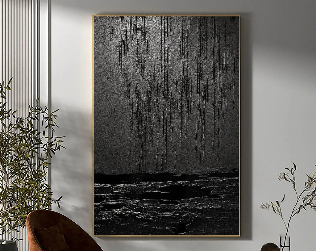 Midnight Echoes-Hand Drawn Pure Black Drip Texture Wall Art