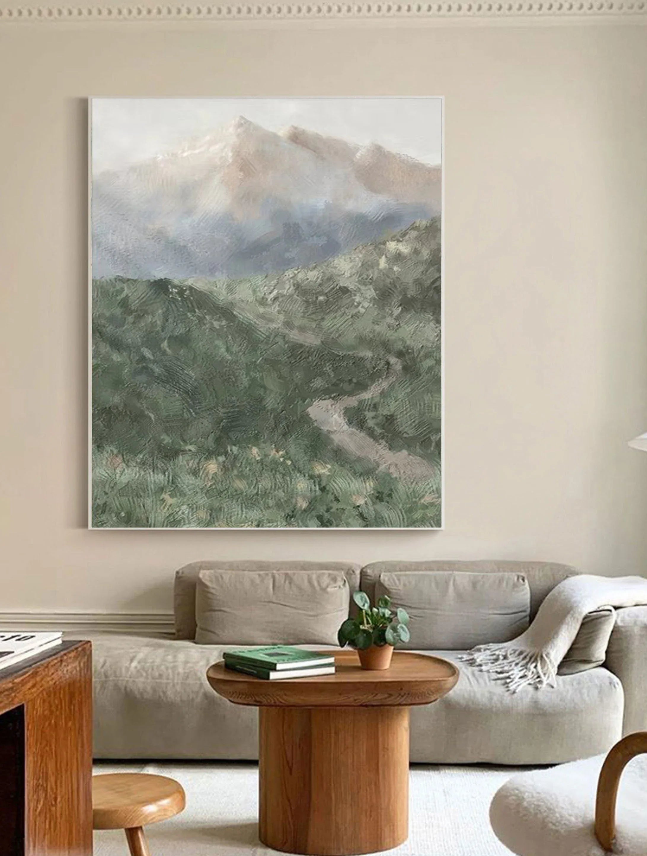 Misty Mountain Path-Hand drawn Green Gray Texture Mountain Abstract Wall Art