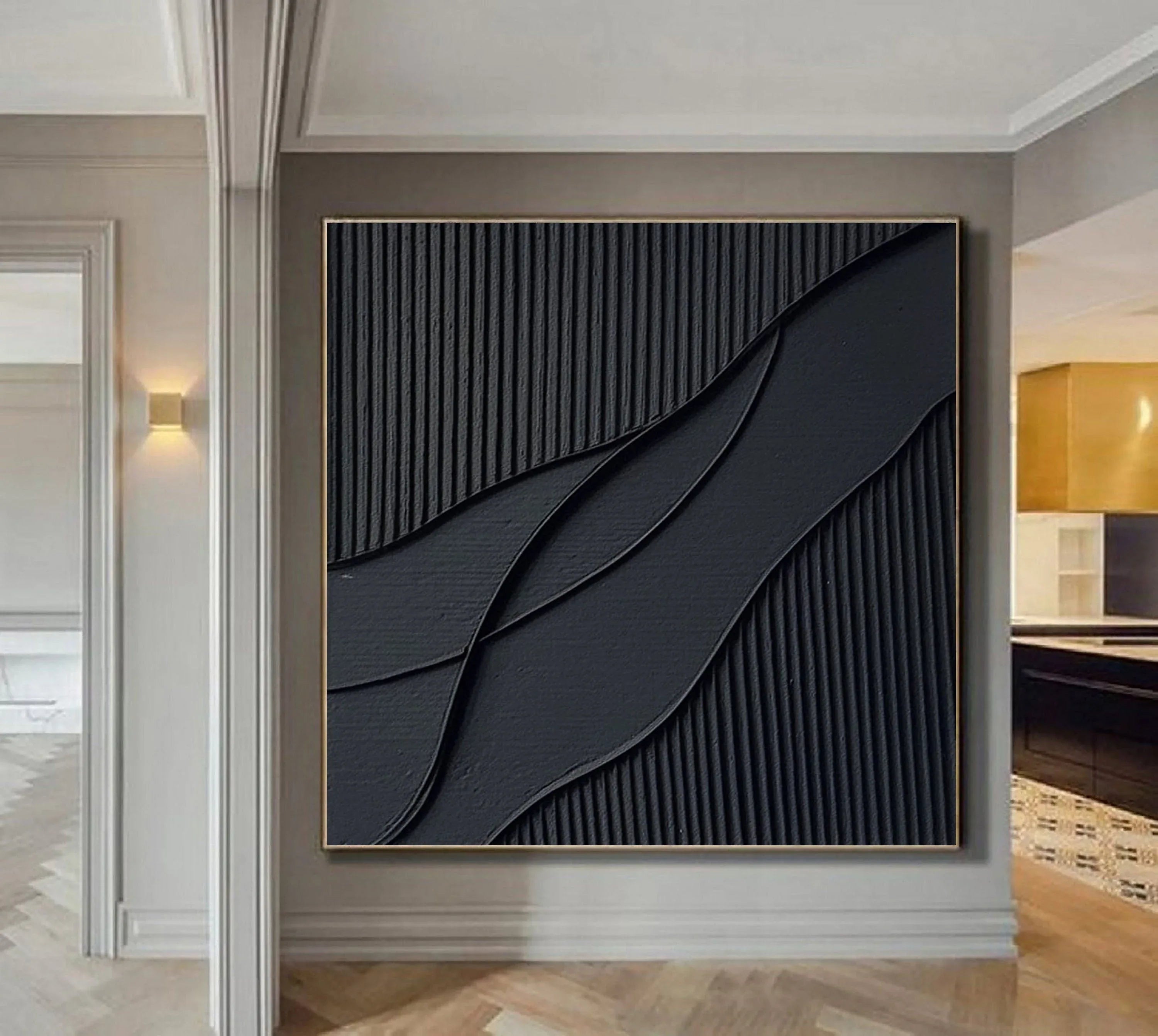Ripple in Shadow -Black Geometric Curves and Texture Abstract Wall Art#WB11003