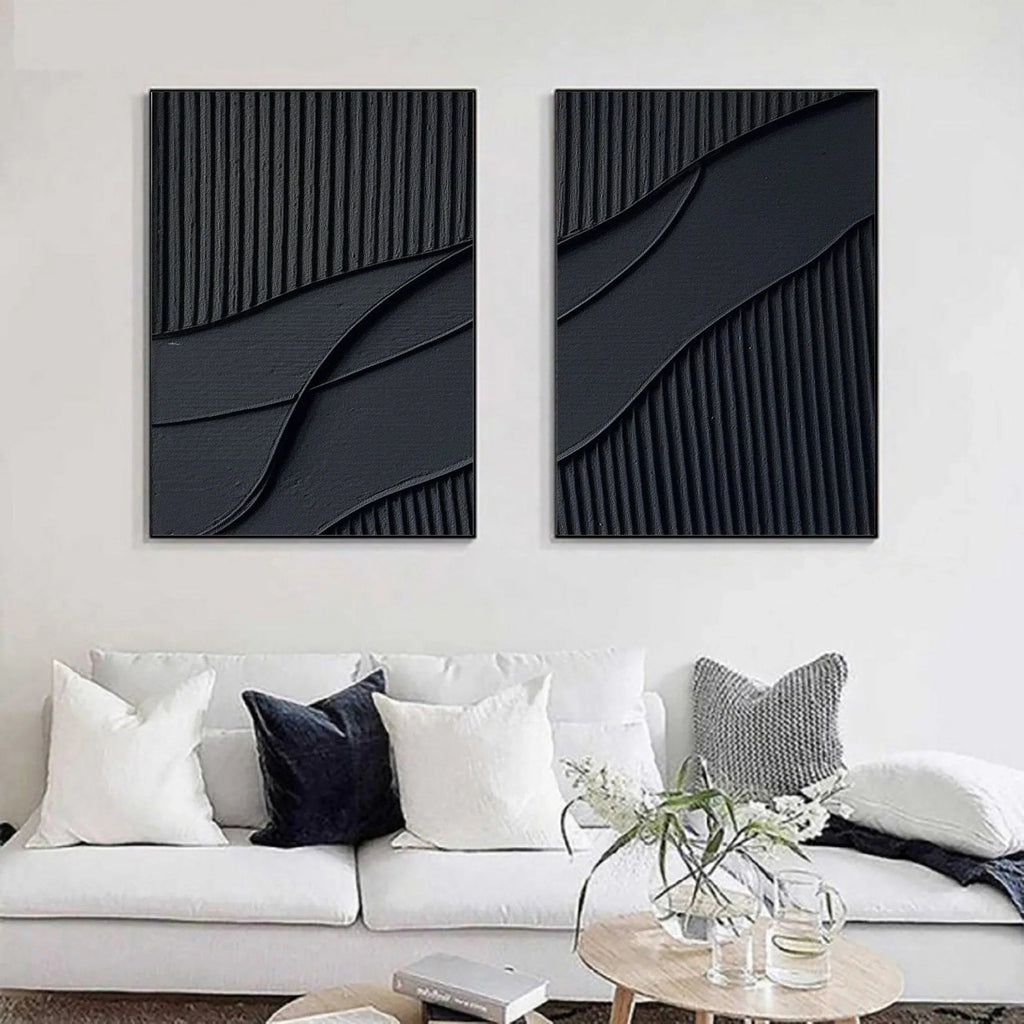 Shadow Waves Abstract Painting SET OF 2-Modern Minimalist Black Textured Abstract Wall Art
