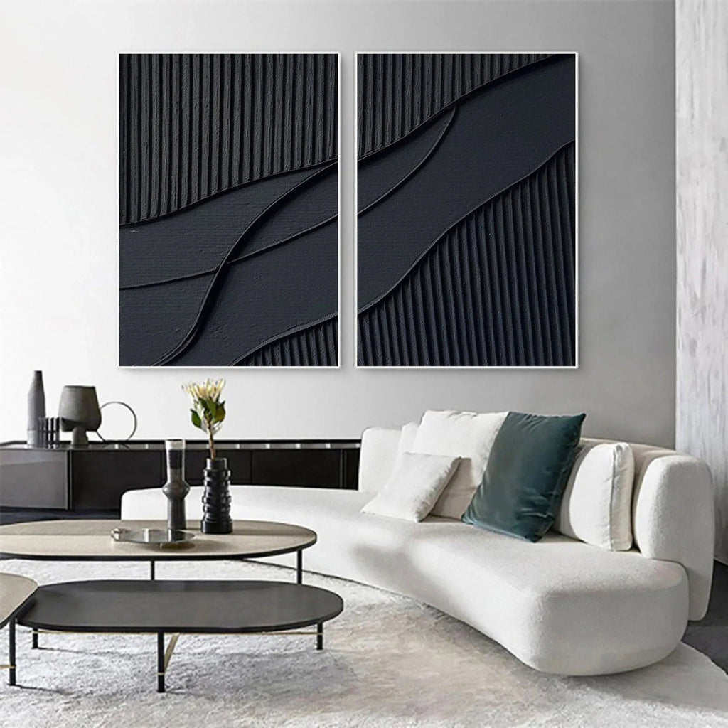 Shadow Waves Abstract Painting SET OF 2-Modern Minimalist Black Textured Abstract Wall Art