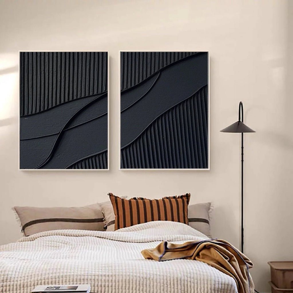 Shadow Waves Abstract Painting SET OF 2-Modern Minimalist Black Textured Abstract Wall Art