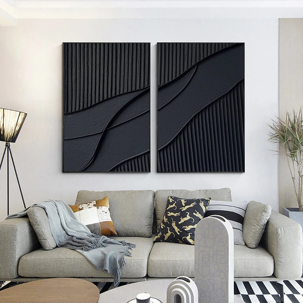 Shadow Waves Abstract Painting SET OF 2-Modern Minimalist Black Textured Abstract Wall Art
