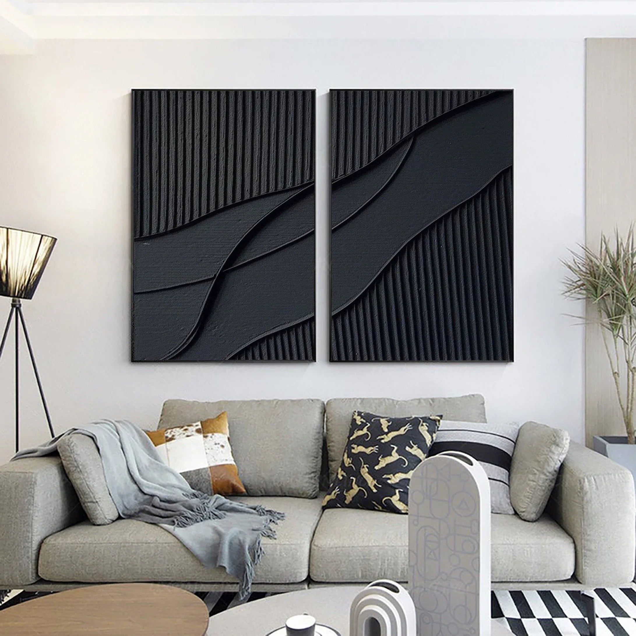 Shadow Waves Abstract Painting SET OF 2-Modern Minimalist Black Textured Abstract Wall Art