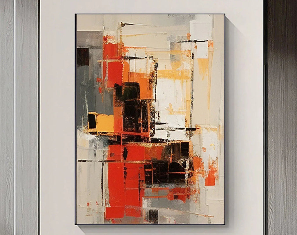 Abstract Blaze Grid-Hand Drawn Red Orange Geometric Abstract Texture Wall Art