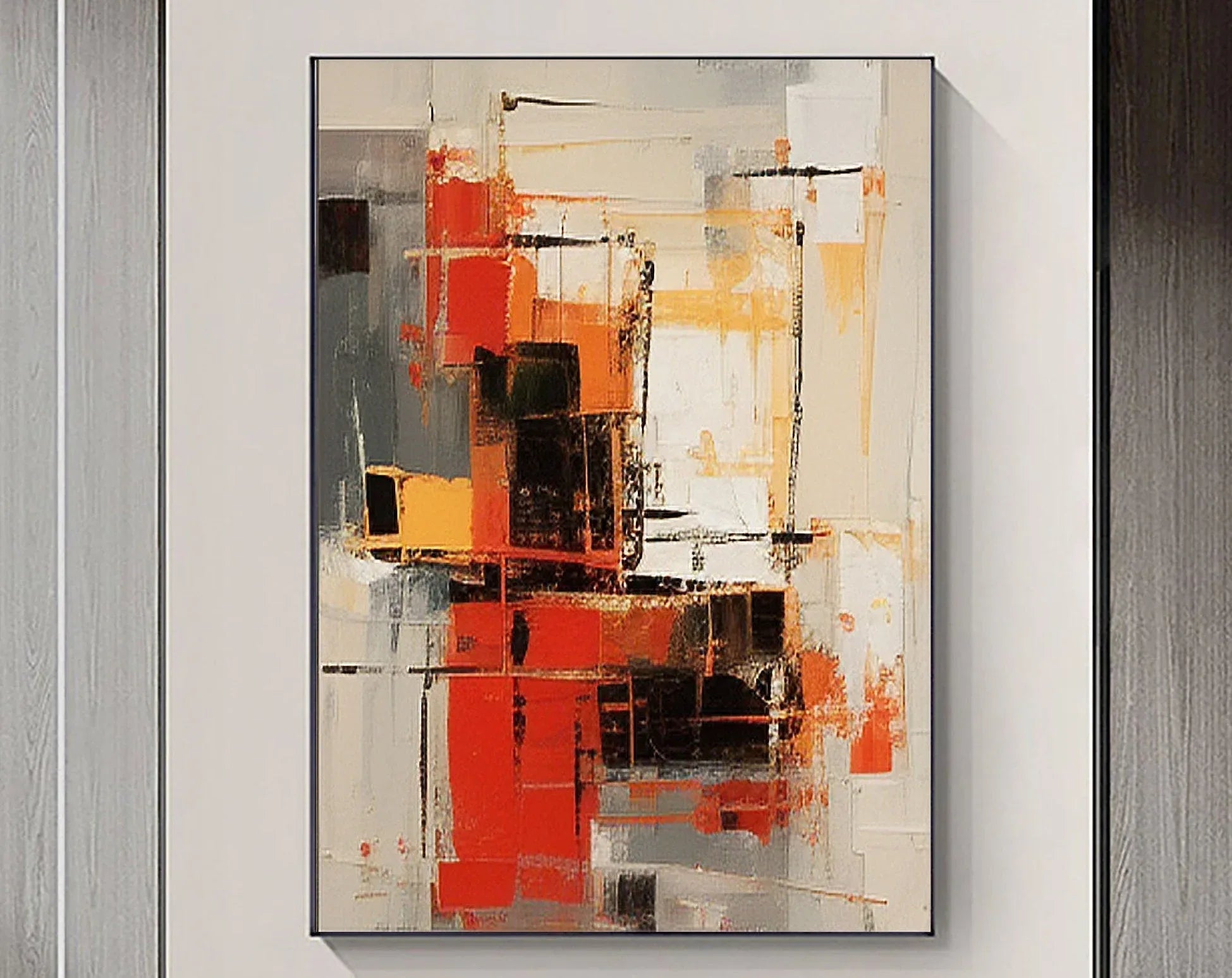 Abstract Blaze Grid-Hand Drawn Red Orange Geometric Abstract Texture Wall Art