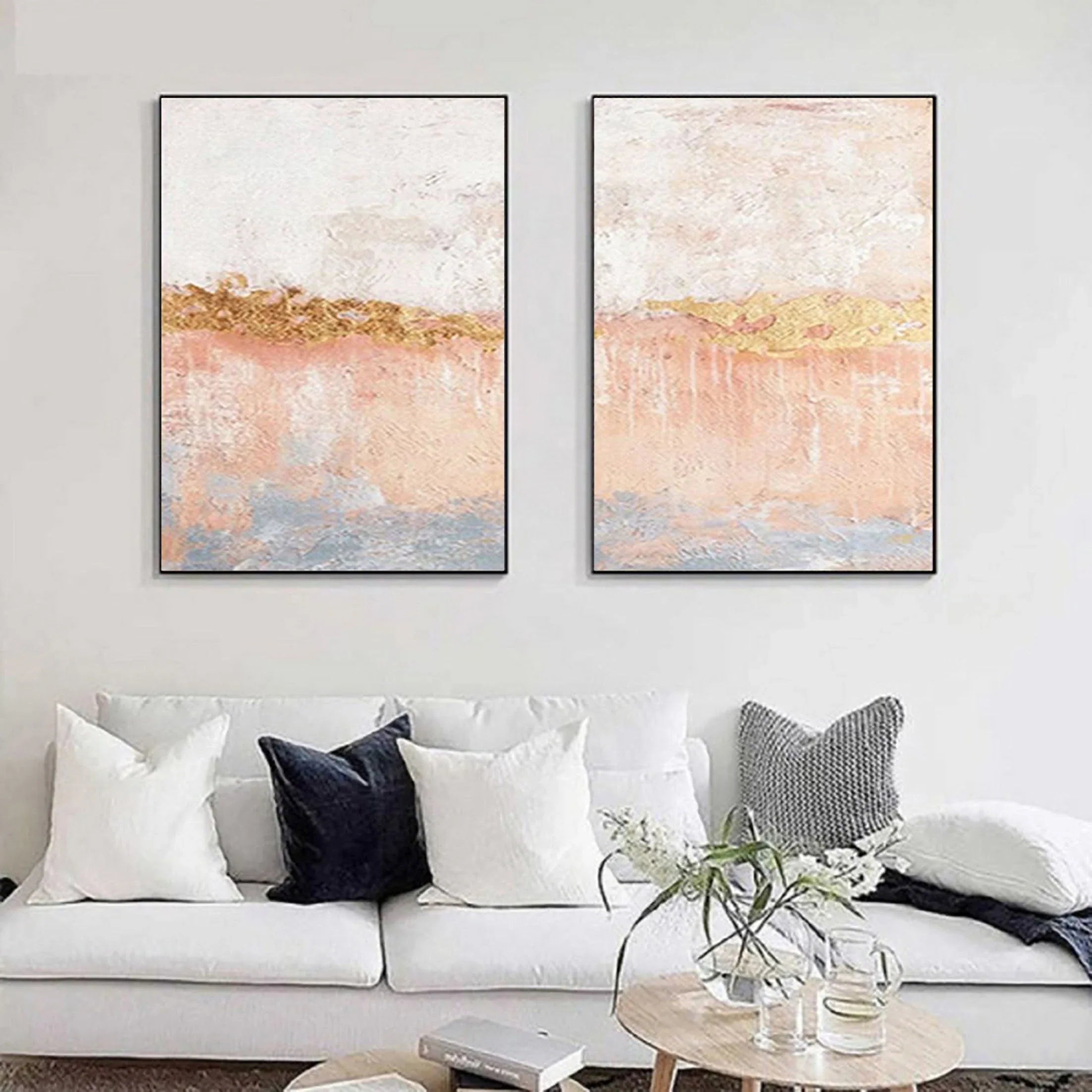Golden Horizon Abstract Painting SET OF 2-Hand Drawn Abstract Wall Art in Modern Interior Decoration