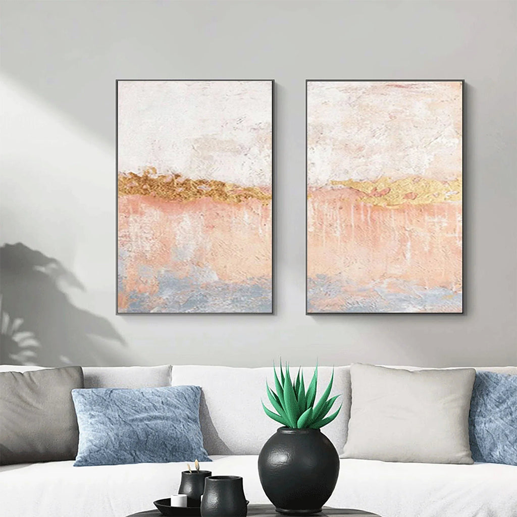 Golden Horizon Abstract Painting SET OF 2-Hand Drawn Abstract Wall Art in Modern Interior Decoration