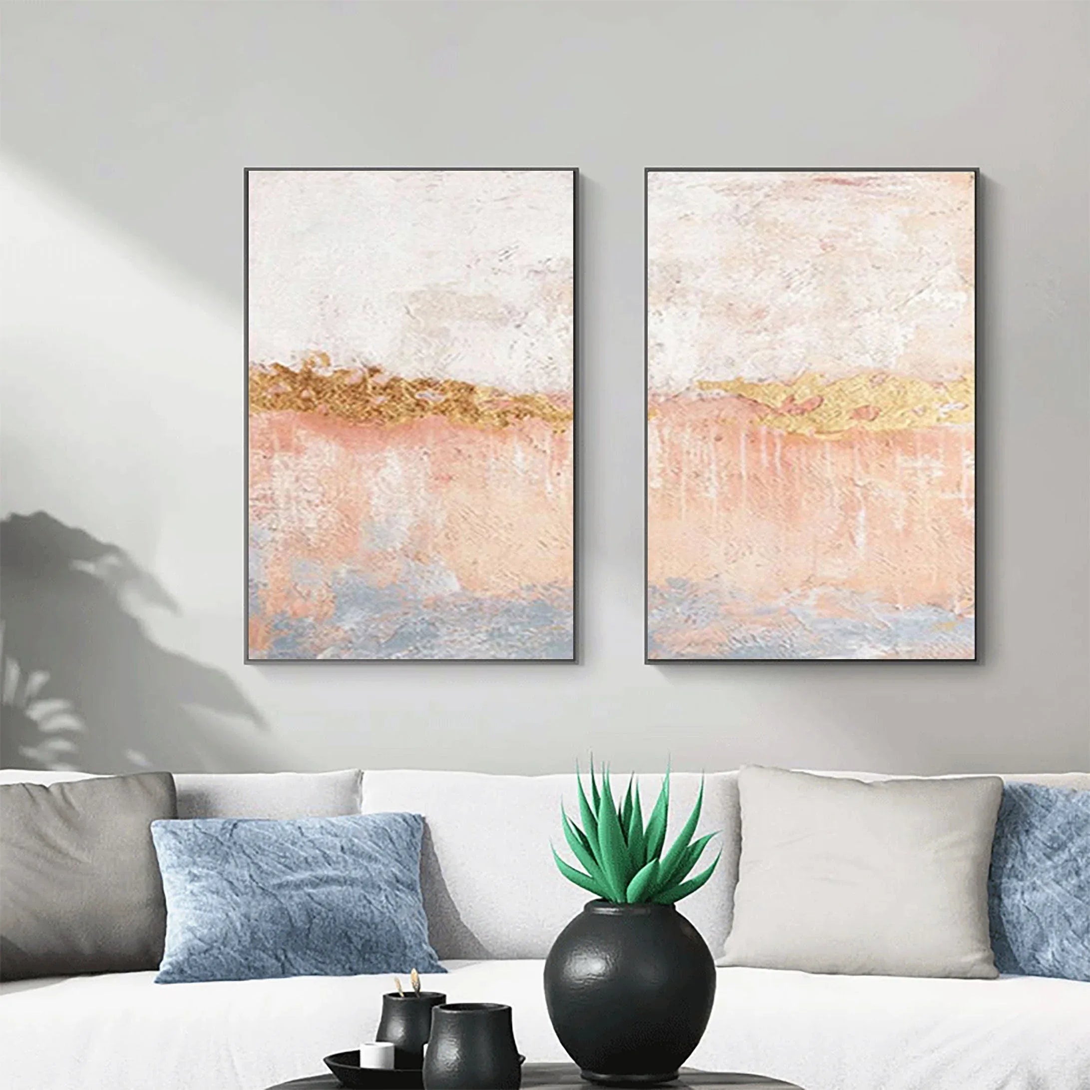 Golden Horizon Abstract Painting SET OF 2-Hand Drawn Abstract Wall Art in Modern Interior Decoration
