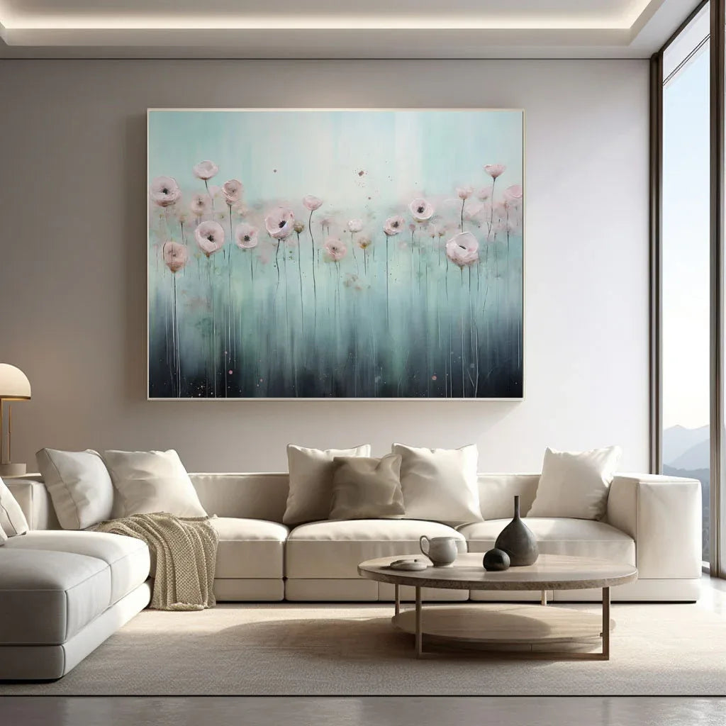 Blooming Serenity-Hand drawn Pink Blue Flower Sea Texture Oil Painting Wall Art#FL10060