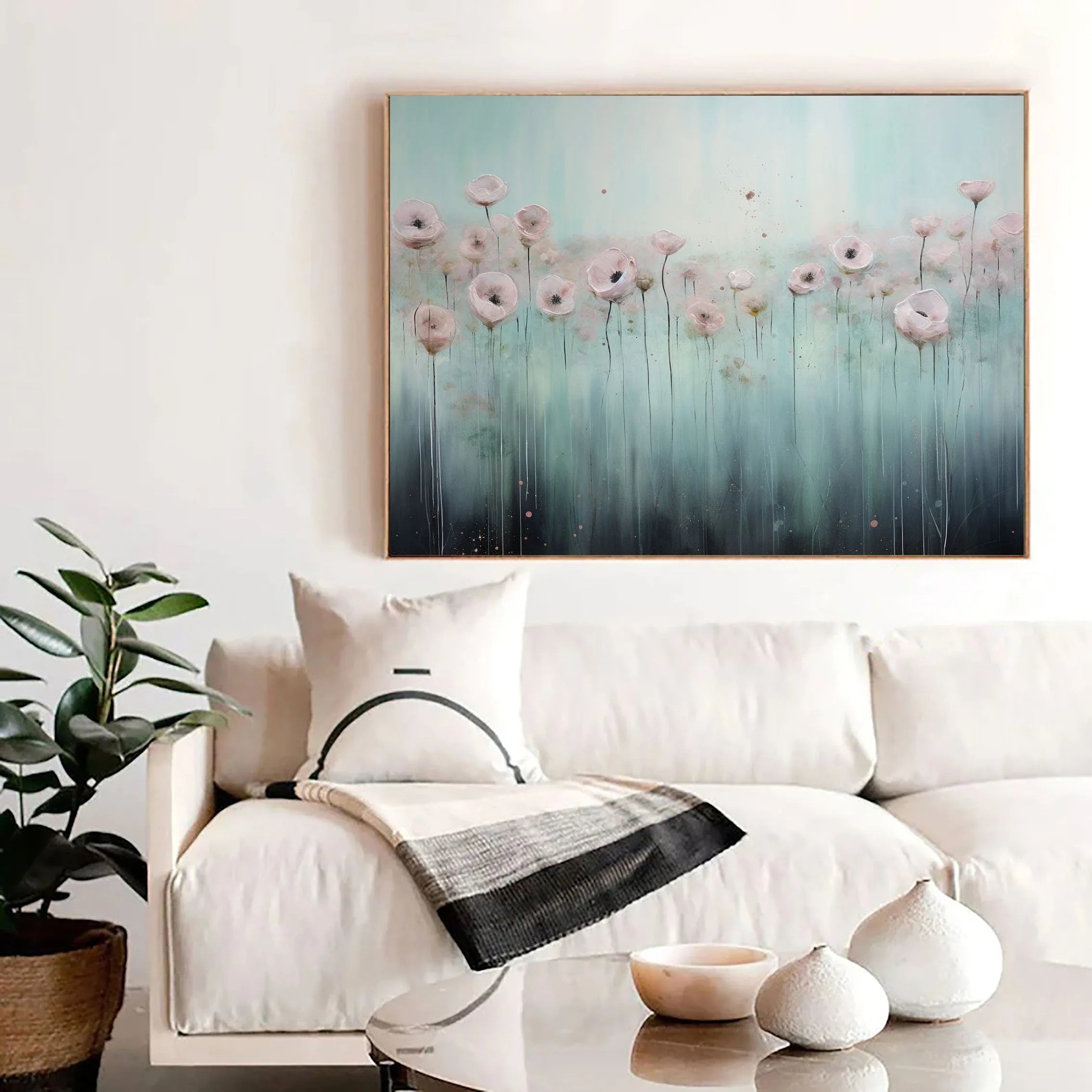 Blooming Serenity-Hand drawn Pink Blue Flower Sea Texture Oil Painting Wall Art#FL10060