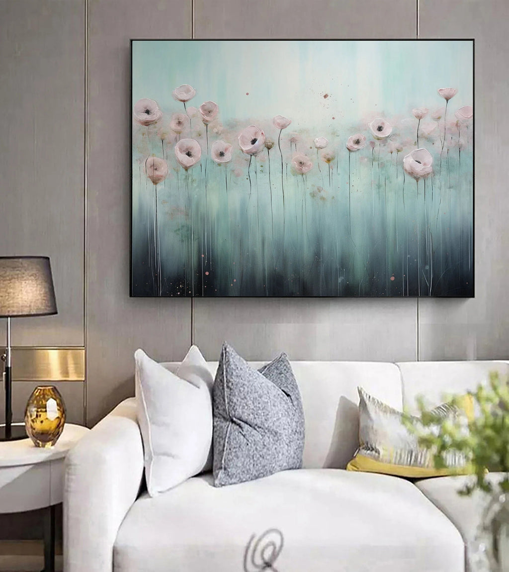 Blooming Serenity-Hand drawn Pink Blue Flower Sea Texture Oil Painting Wall Art#FL10060