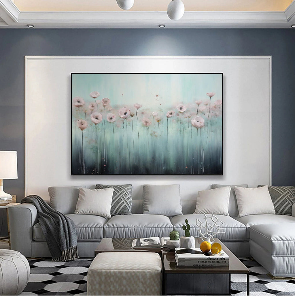 Blooming Serenity-Hand drawn Pink Blue Flower Sea Texture Oil Painting Wall Art#FL10060