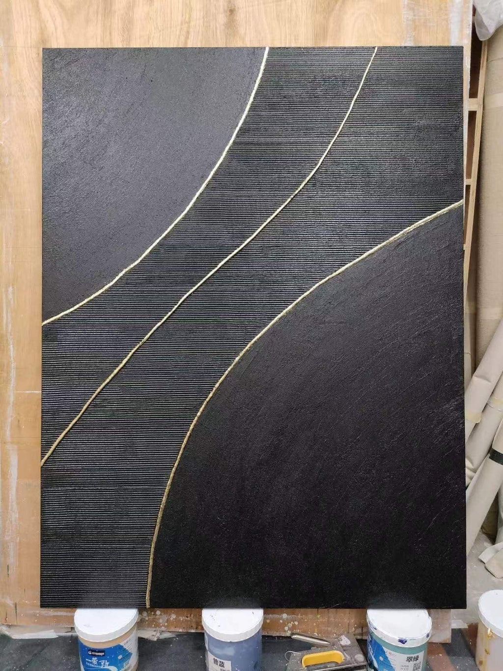 Golden Line Flow-Modern Minimalist Black Gold Geometric Curve Abstract Wall Art