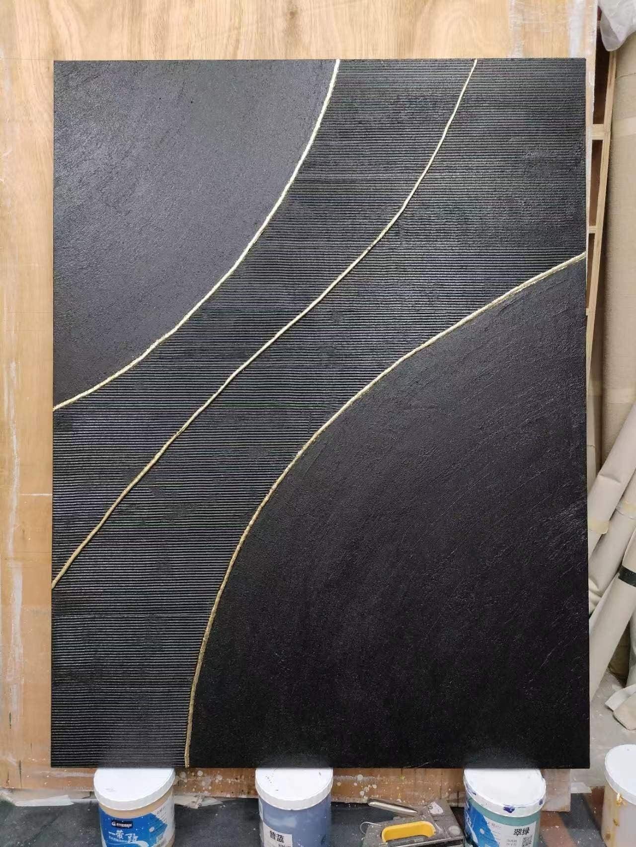 Golden Line Flow-Modern Minimalist Black Gold Geometric Curve Abstract Wall Art