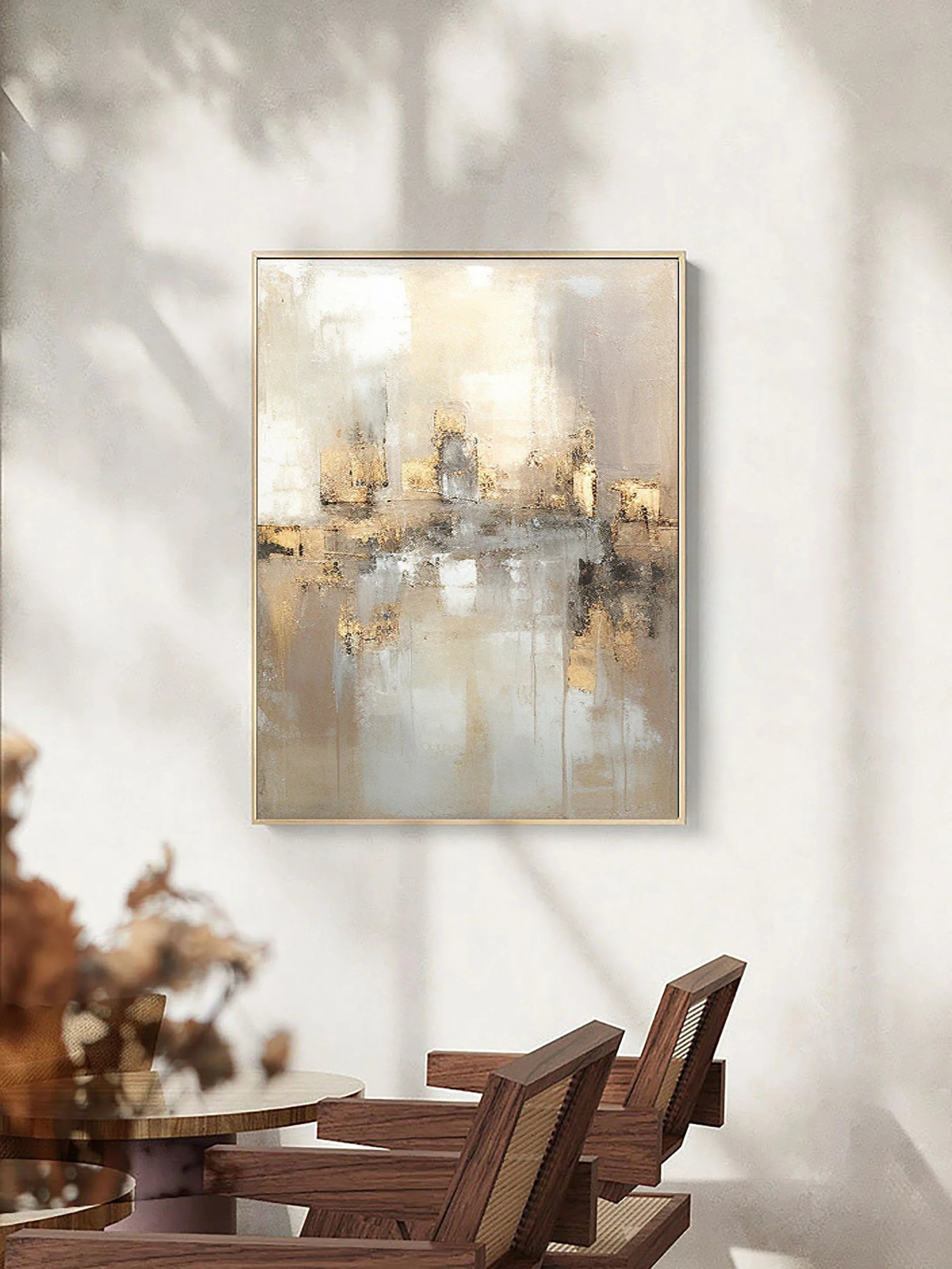 Reflections by the Lake-Hand Drawn Abstract and Peaceful Landscape Texture Oil Painting Wall Art