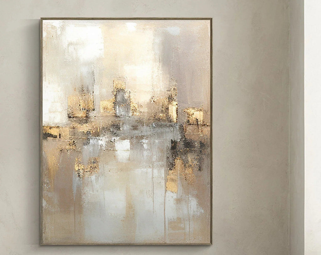 Reflections by the Lake-Hand Drawn Abstract and Peaceful Landscape Texture Oil Painting Wall Art