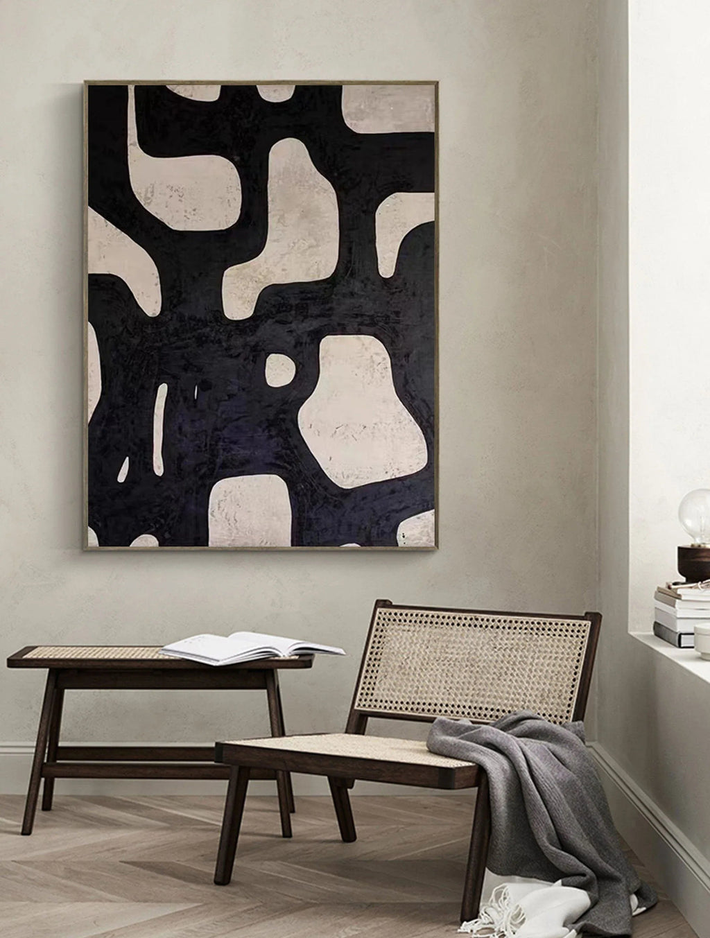 Mono Maze-Modern Minimalist Black and White Flowing Geometric Abstract Wall Art