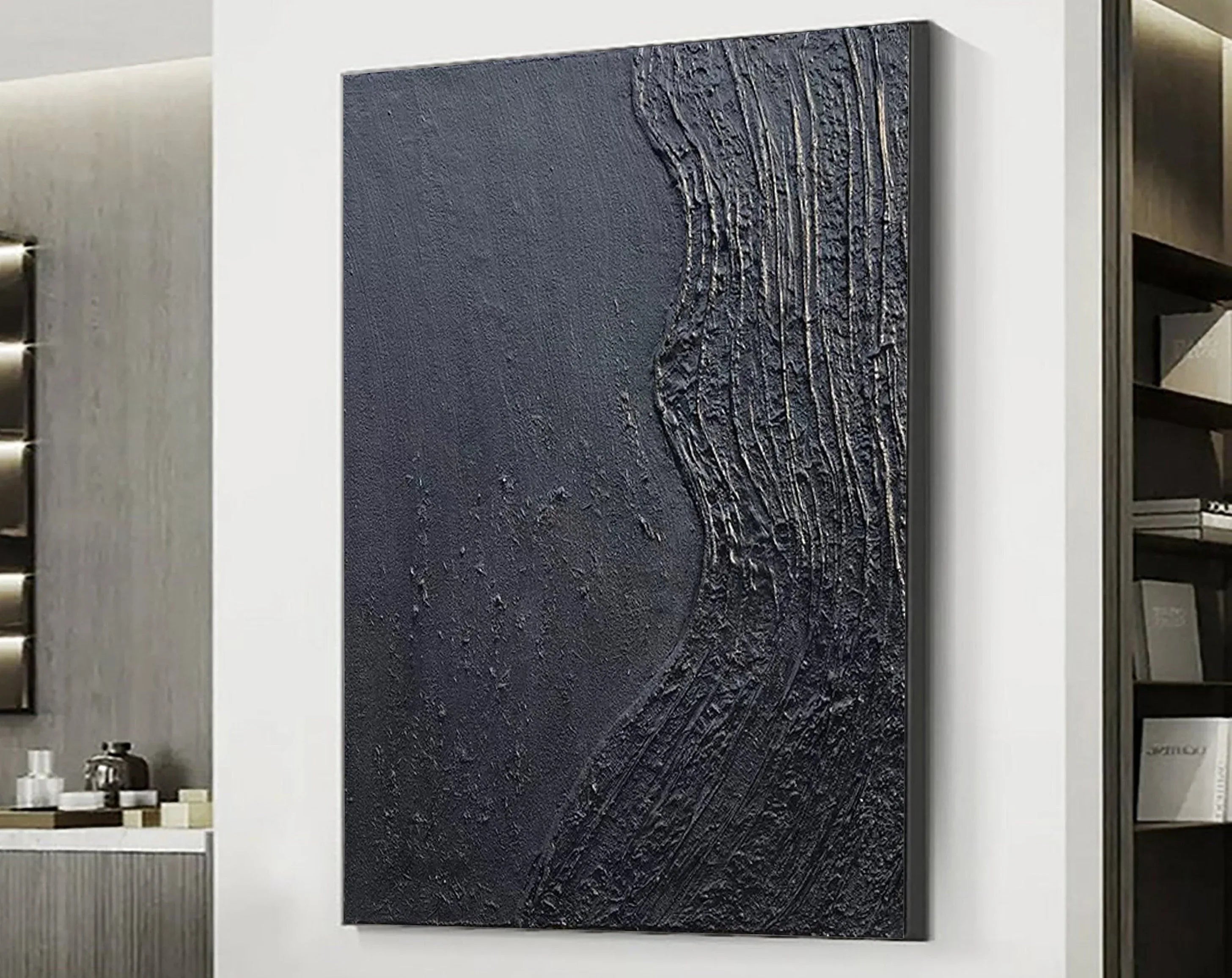 Charcoal Flow-Hand Drawn Pure Black Three-Dimensional Texture Minimalist Wall Art