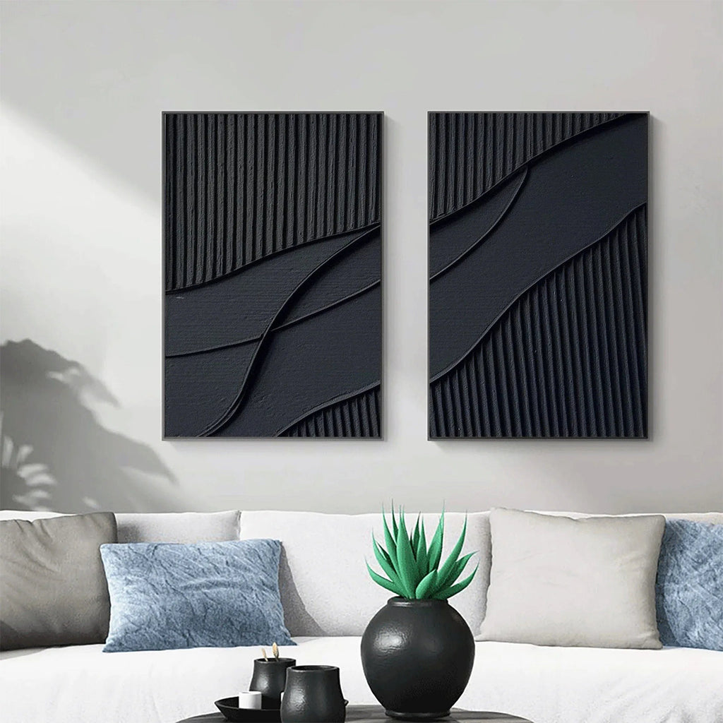 Shadow Waves Abstract Painting SET OF 2-Modern Minimalist Black Textured Abstract Wall Art