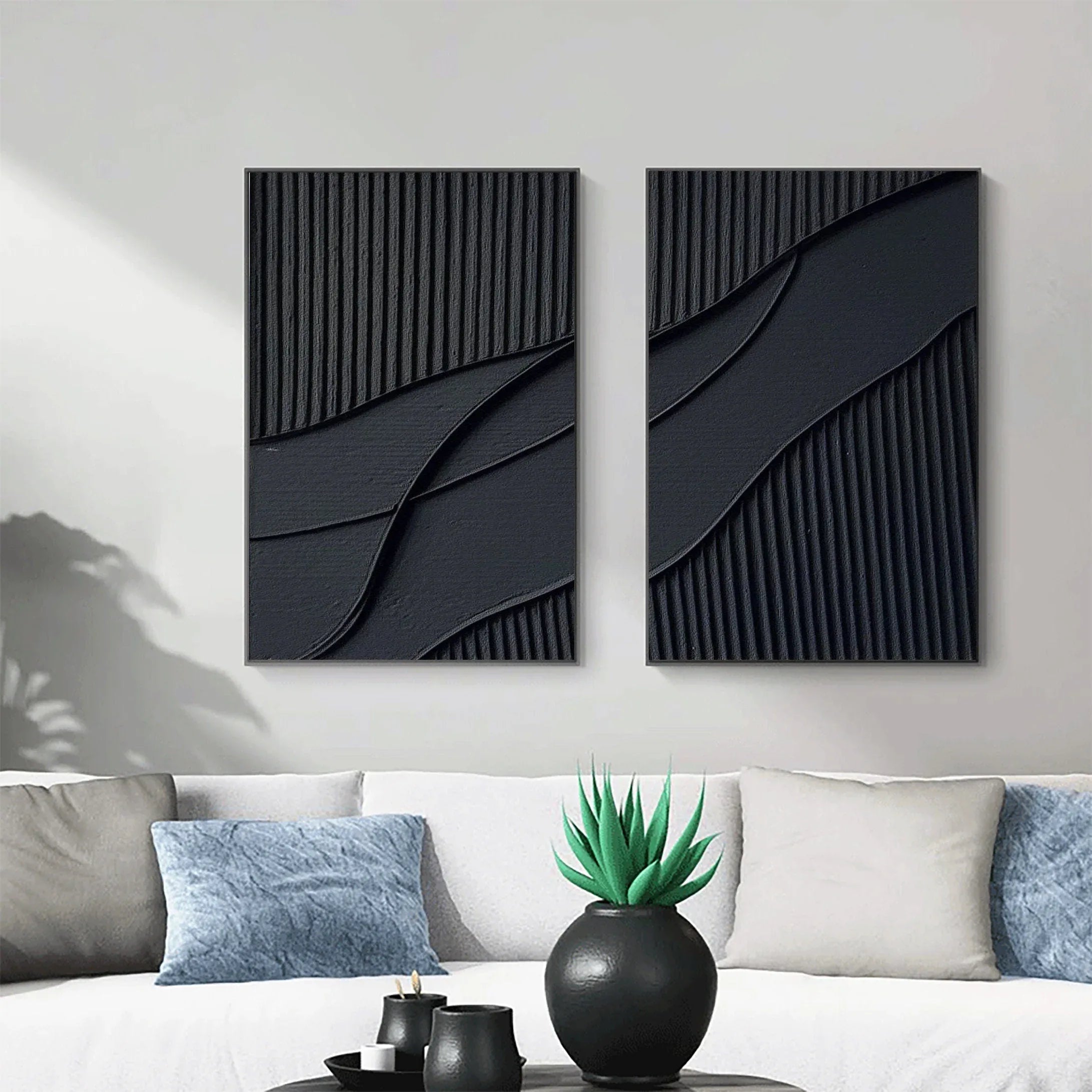 Shadow Waves Abstract Painting SET OF 2-Modern Minimalist Black Textured Abstract Wall Art