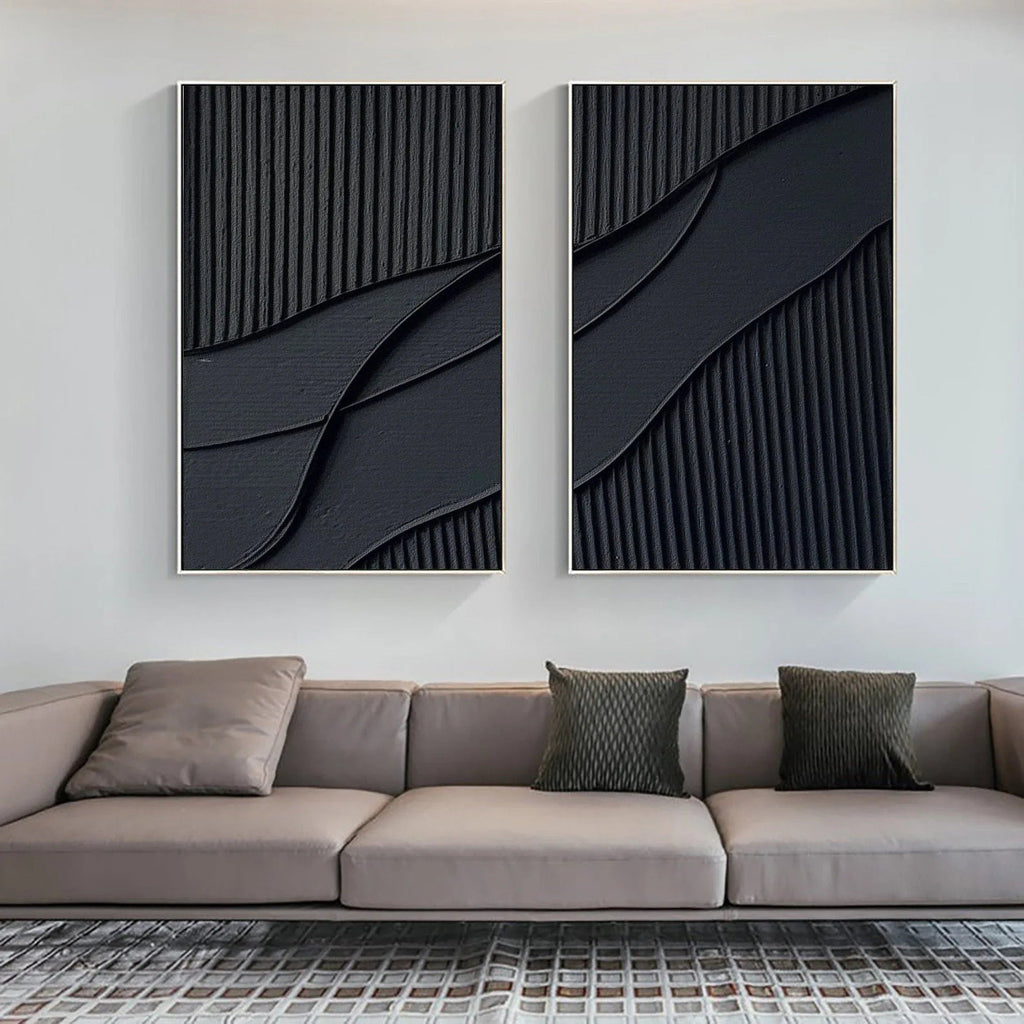Shadow Waves Abstract Painting SET OF 2-Modern Minimalist Black Textured Abstract Wall Art
