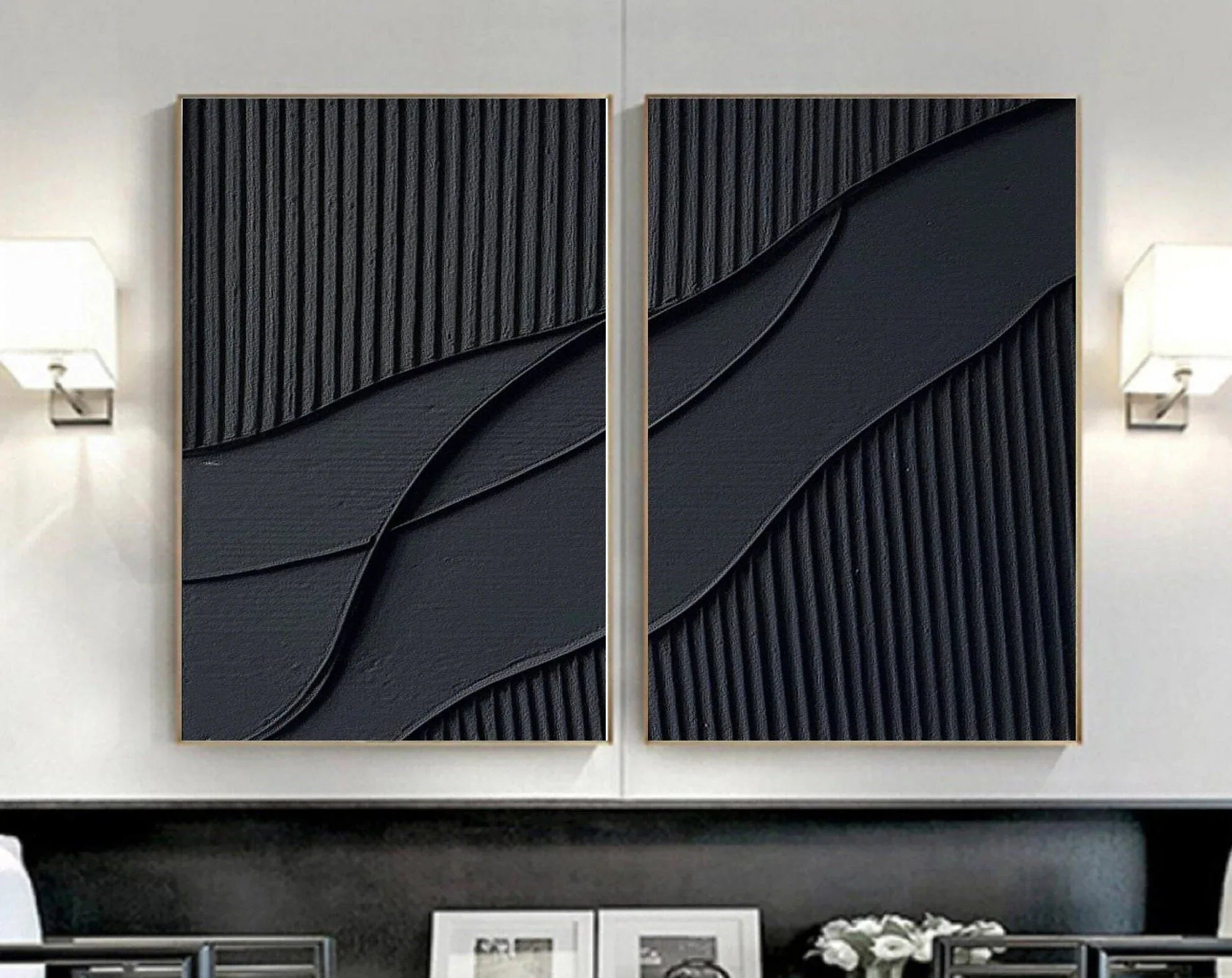 Shadow Waves Abstract Painting SET OF 2-Modern Minimalist Black Textured Abstract Wall Art