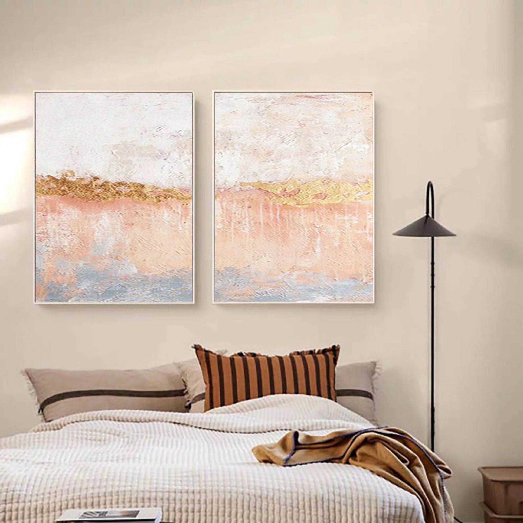 Golden Horizon Abstract Painting SET OF 2-Hand Drawn Abstract Wall Art in Modern Interior Decoration