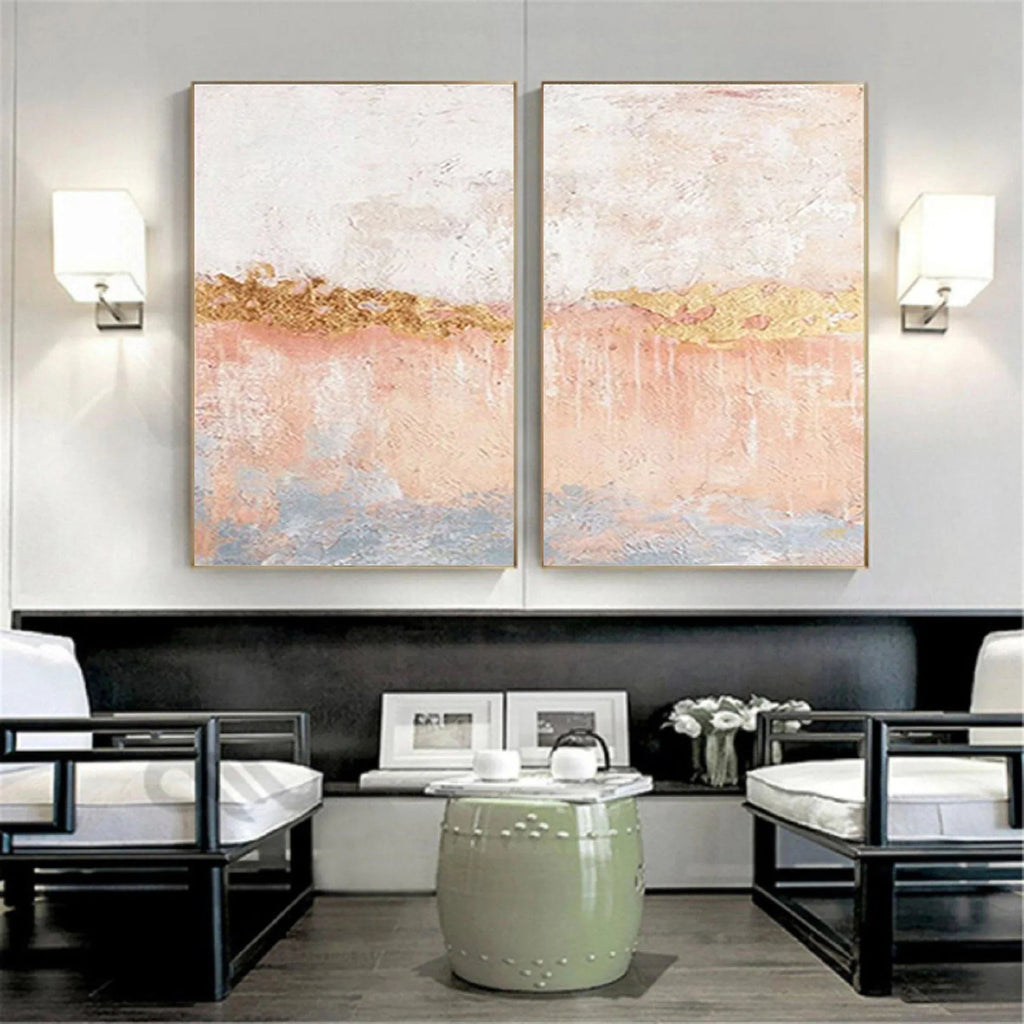 Golden Horizon Abstract Painting SET OF 2-Hand Drawn Abstract Wall Art in Modern Interior Decoration