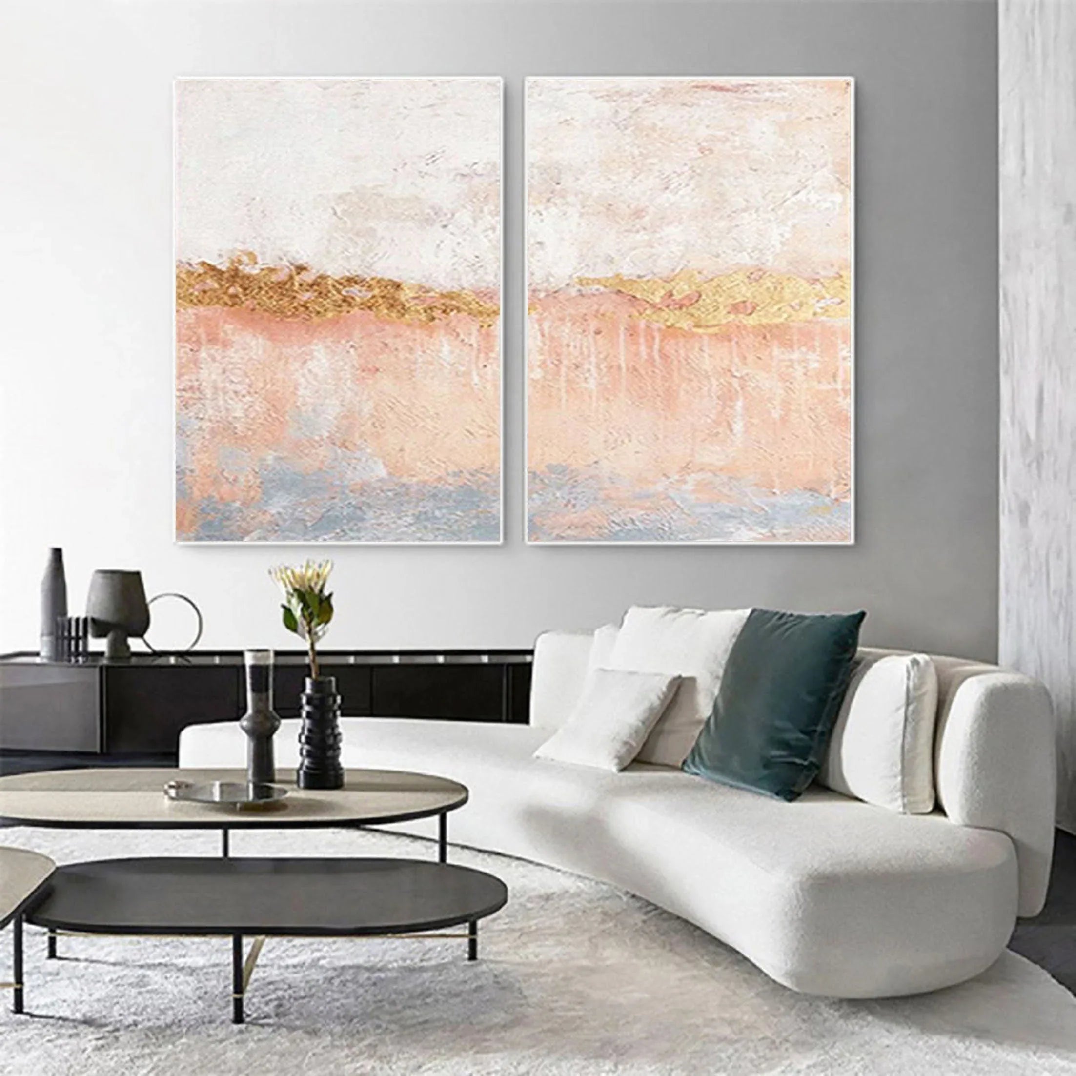 Golden Horizon Abstract Painting SET OF 2-Hand Drawn Abstract Wall Art in Modern Interior Decoration