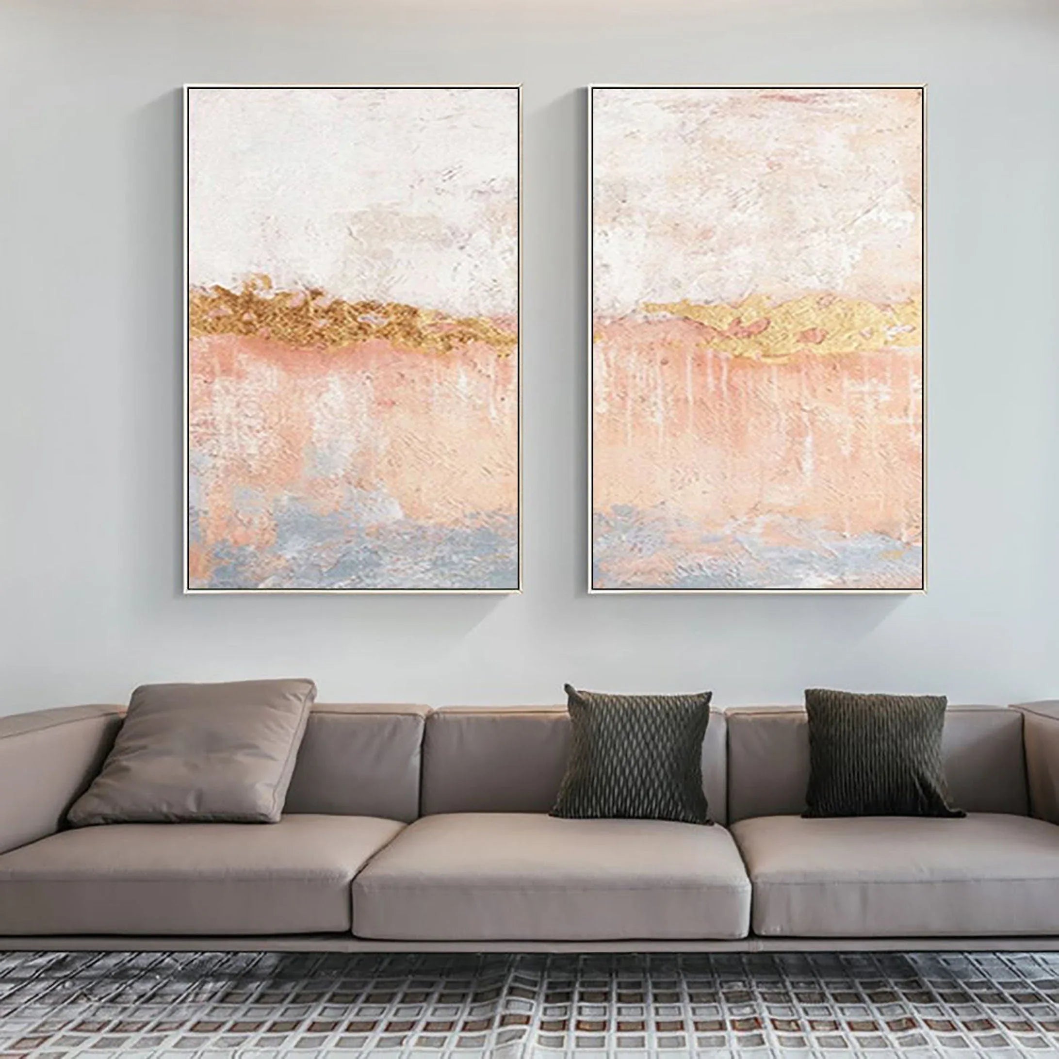 Golden Horizon Abstract Painting SET OF 2-Hand Drawn Abstract Wall Art in Modern Interior Decoration