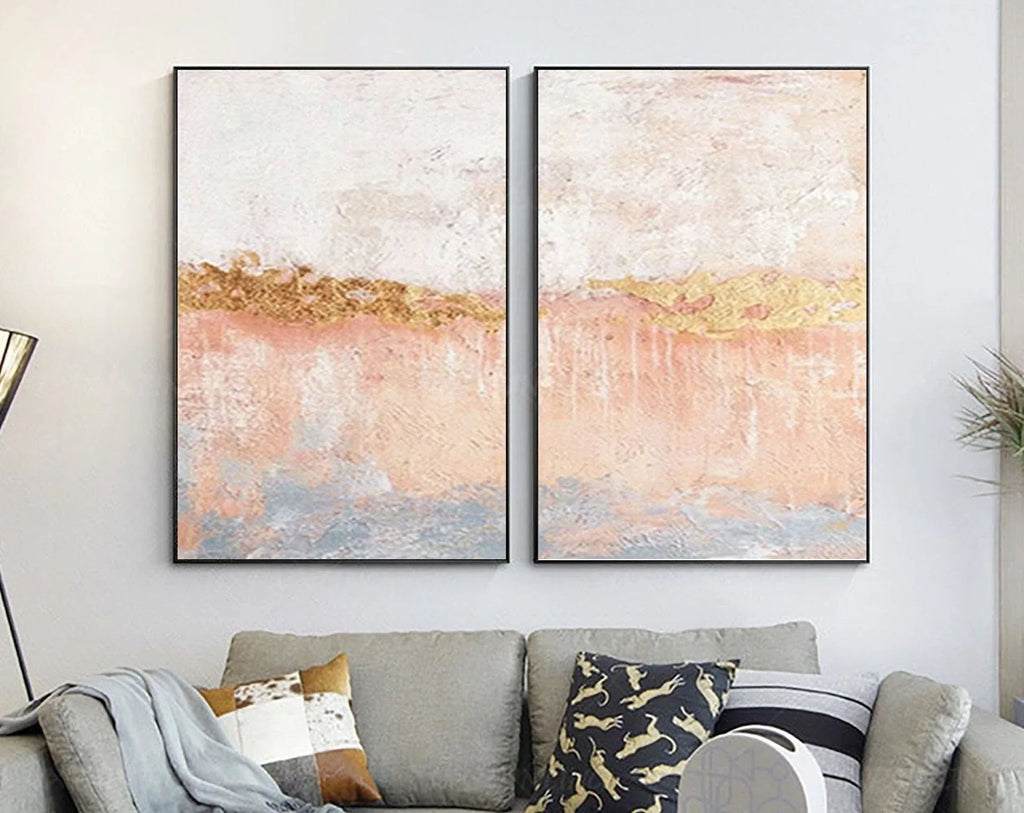 Golden Horizon Abstract Painting SET OF 2-Hand Drawn Abstract Wall Art in Modern Interior Decoration