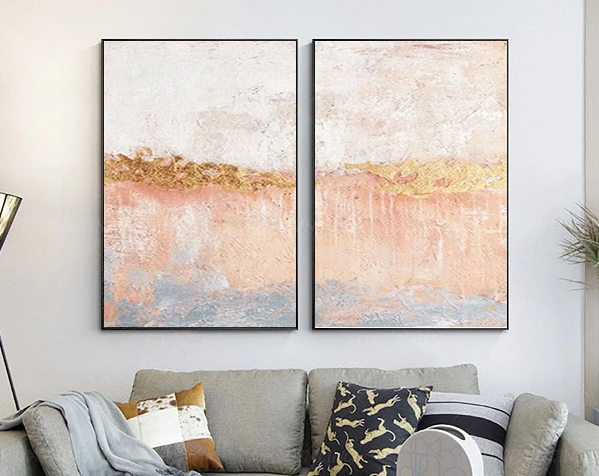 Golden Horizon Abstract Painting SET OF 2-Hand Drawn Abstract Wall Art in Modern Interior Decoration