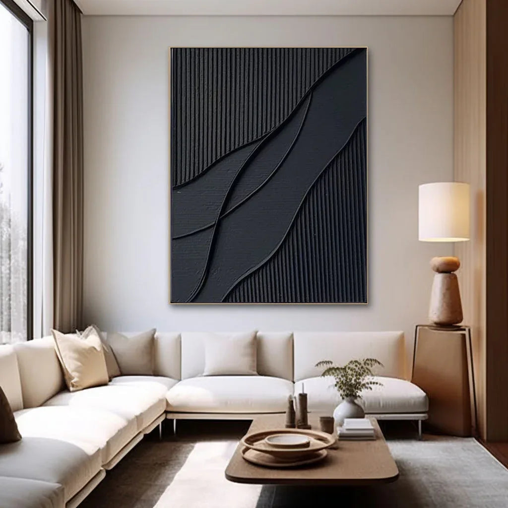 Midnight Flow- Modern Solid Black Abstract Textured Canvas Wall Art