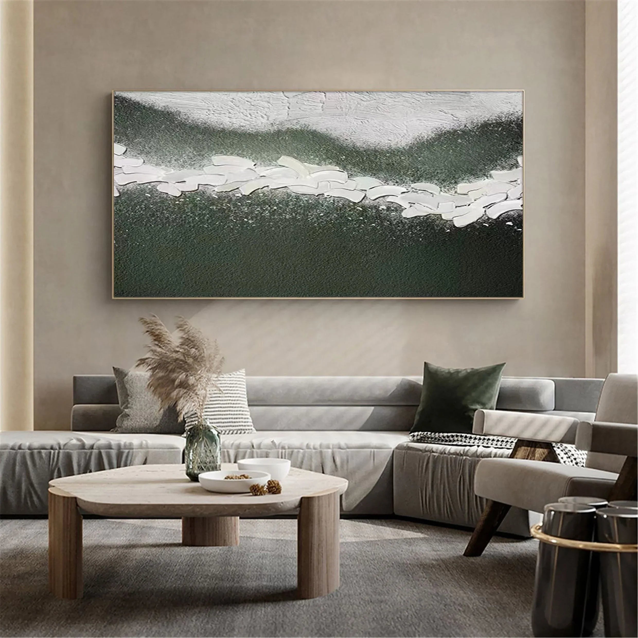 Path of Serenity-Hand Drawn Flowing Green and White Outline Abstract Texture Wall Art