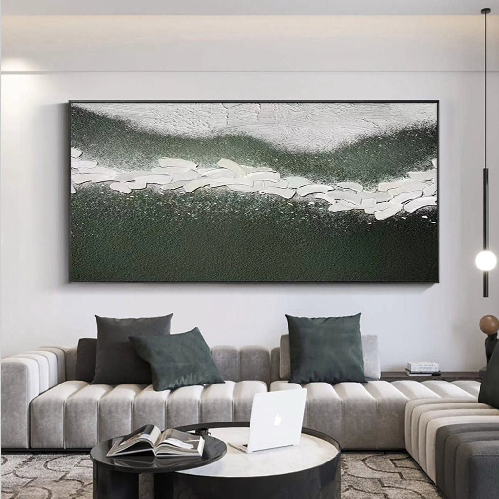 Path of Serenity-Hand Drawn Flowing Green and White Outline Abstract Texture Wall Art