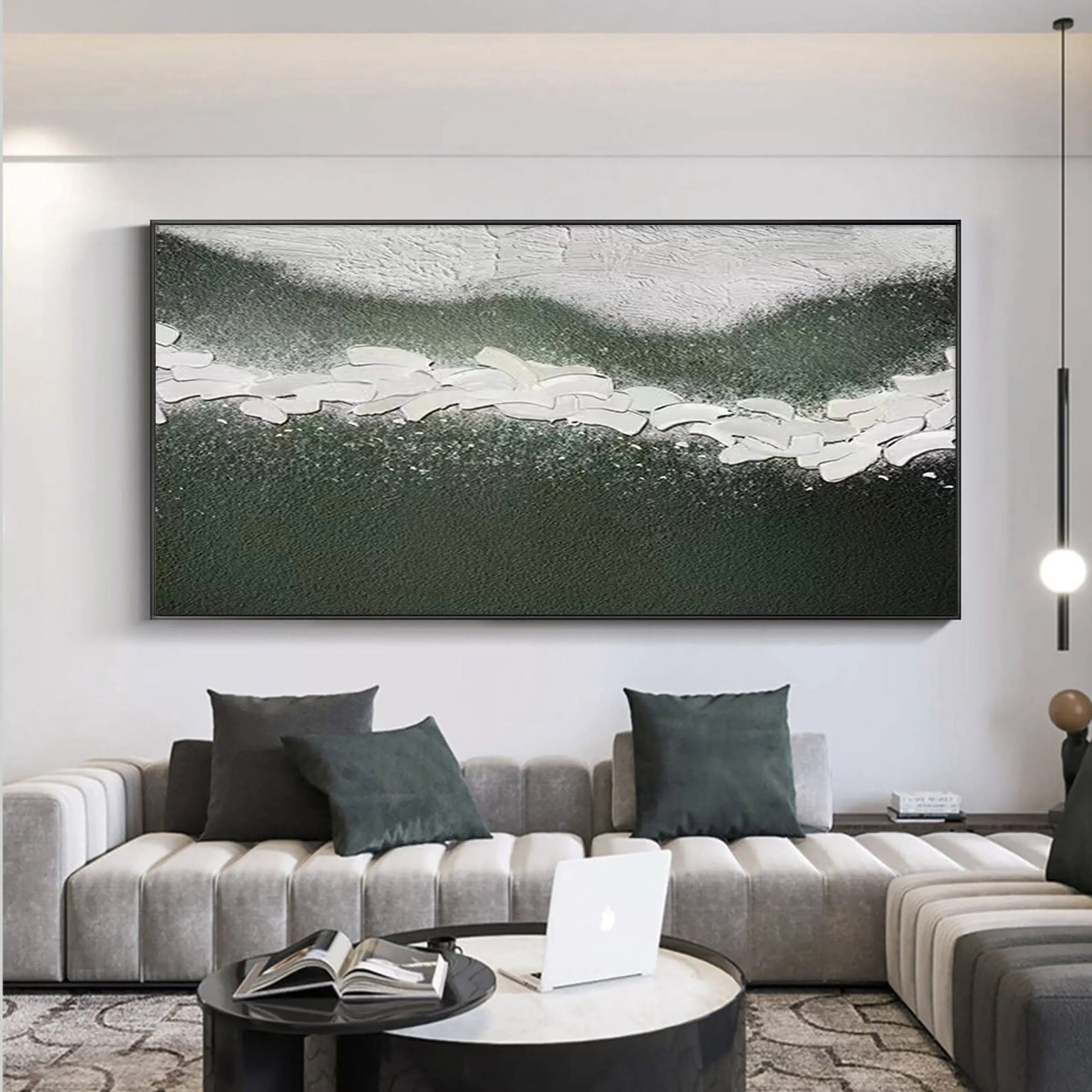 Path of Serenity-Hand Drawn Flowing Green and White Outline Abstract Texture Wall Art