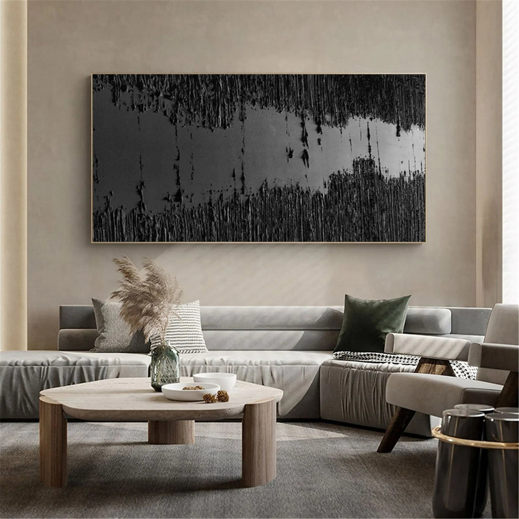 Midnight Echo-Minimally Abstract Thick Black Textured Oil Painting Wall Art