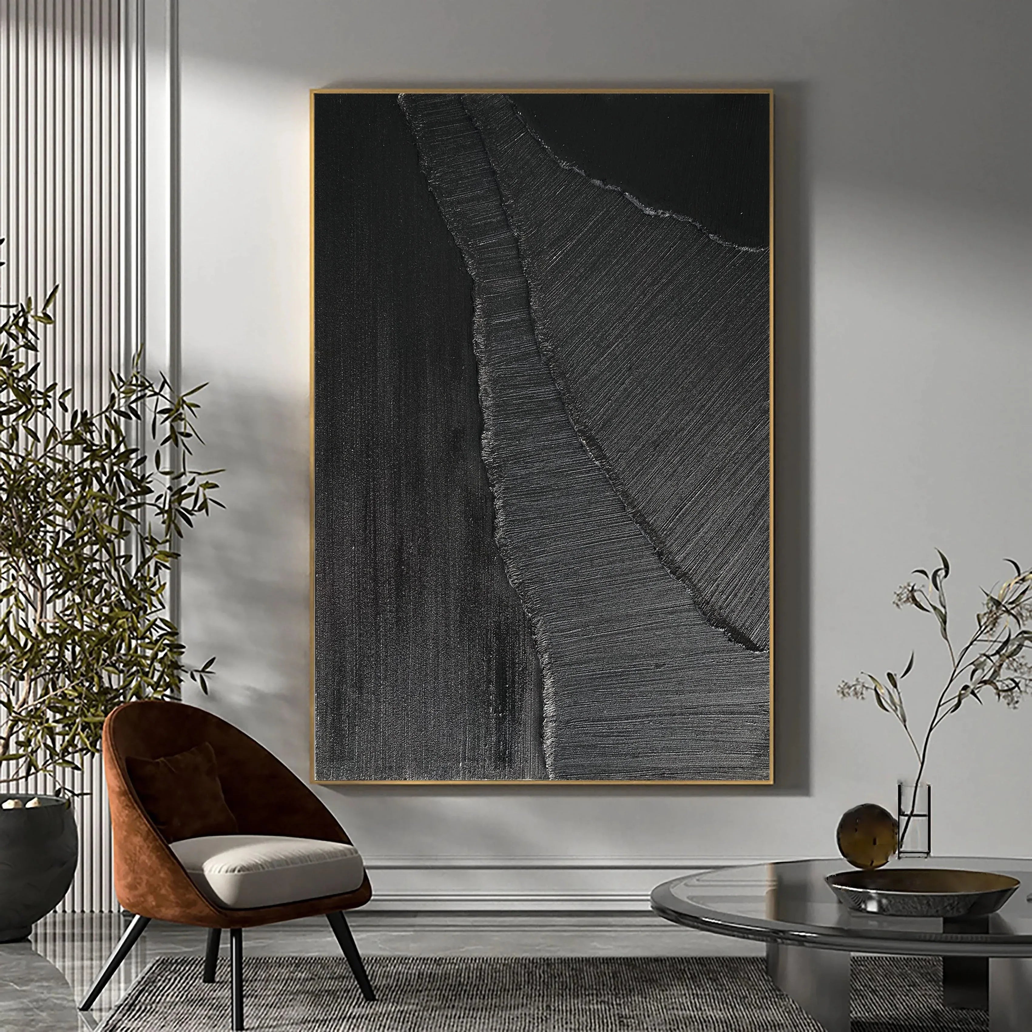 Dark Rift-Minimalist Black and Gray Textured Lines and Abstract Wall Art in Modern Interior Design