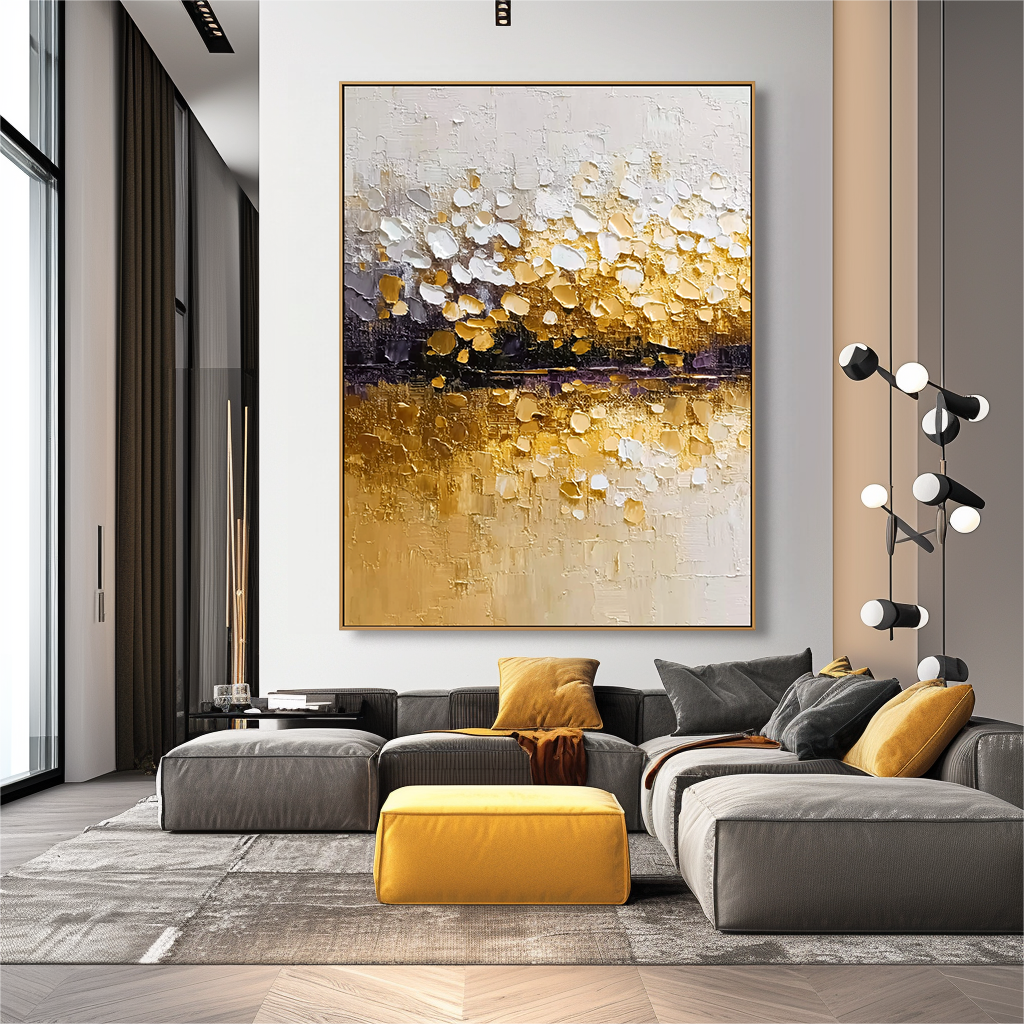Golden Horizon - Hand-Drawn Vertical 3D Thick-Painted Abstract Wall Art#AB14290